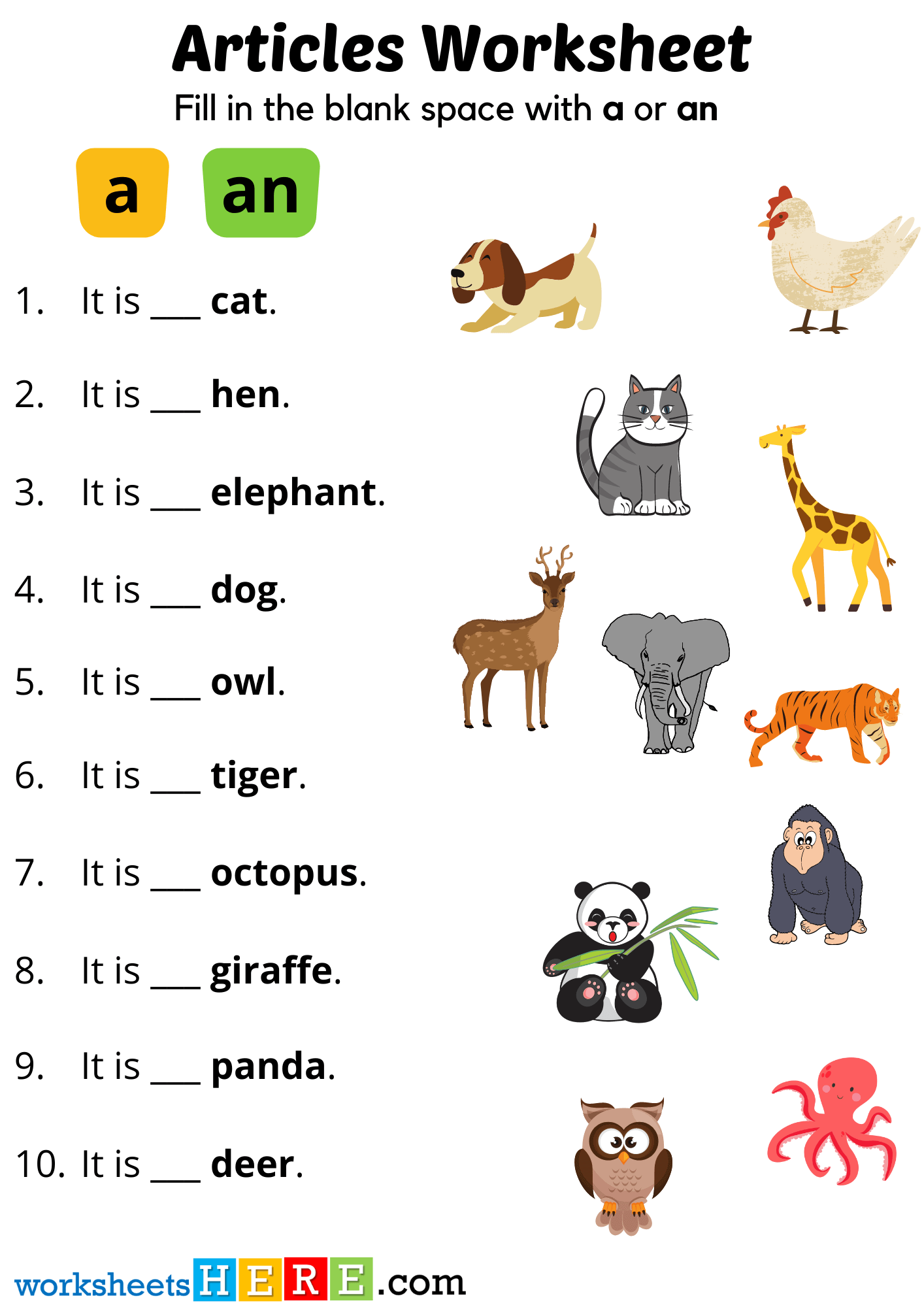 A and An Articles Worksheets with Animals Pdf Printable