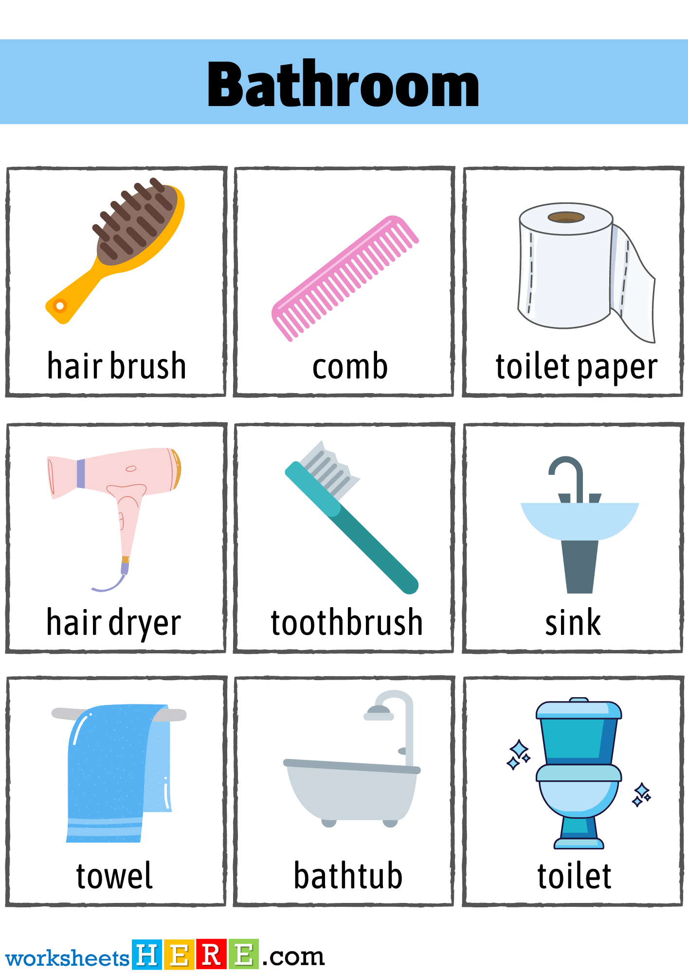 Bathroom Flashcards, Bathroom Words Names with Pictures Worksheets