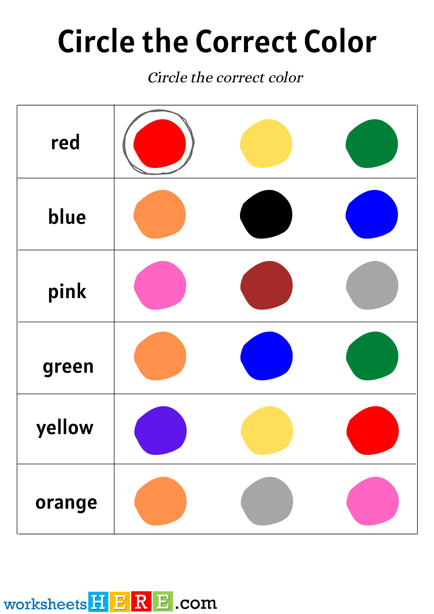 Circle The Correct Color Activity Worksheets for Kids, Kindergarten Colors Worksheets