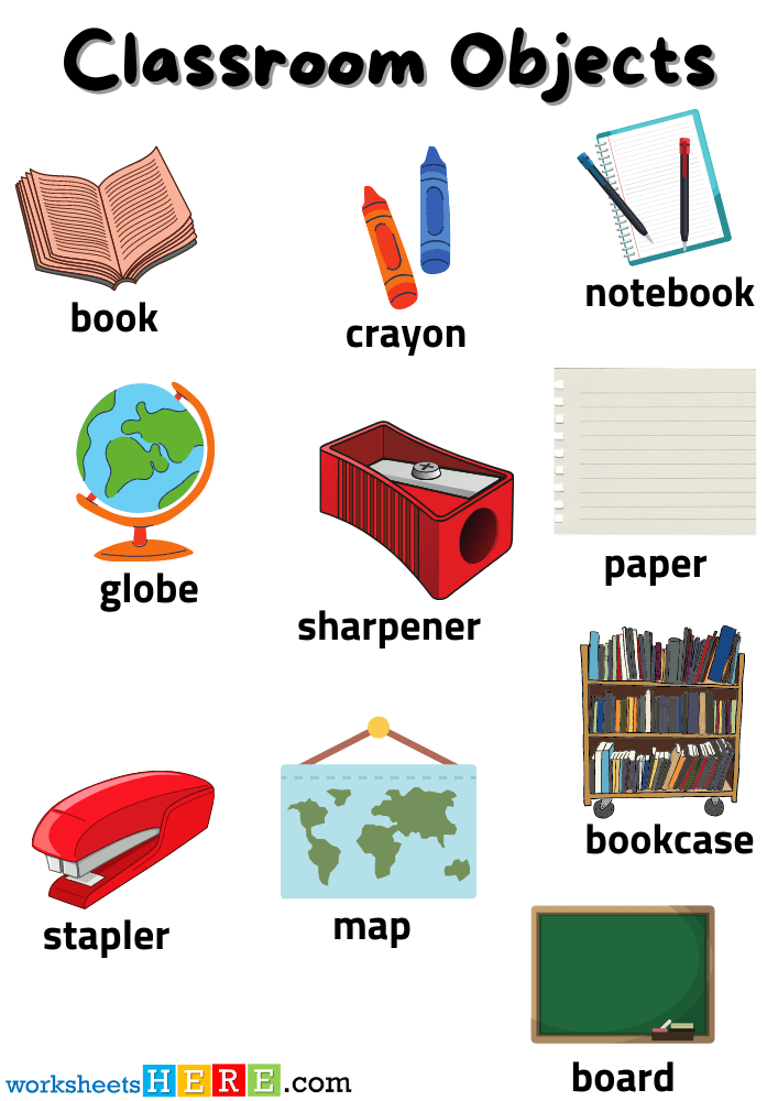 Classroom Objects Flashcards, School Classroom Objects with Pictures Worksheets