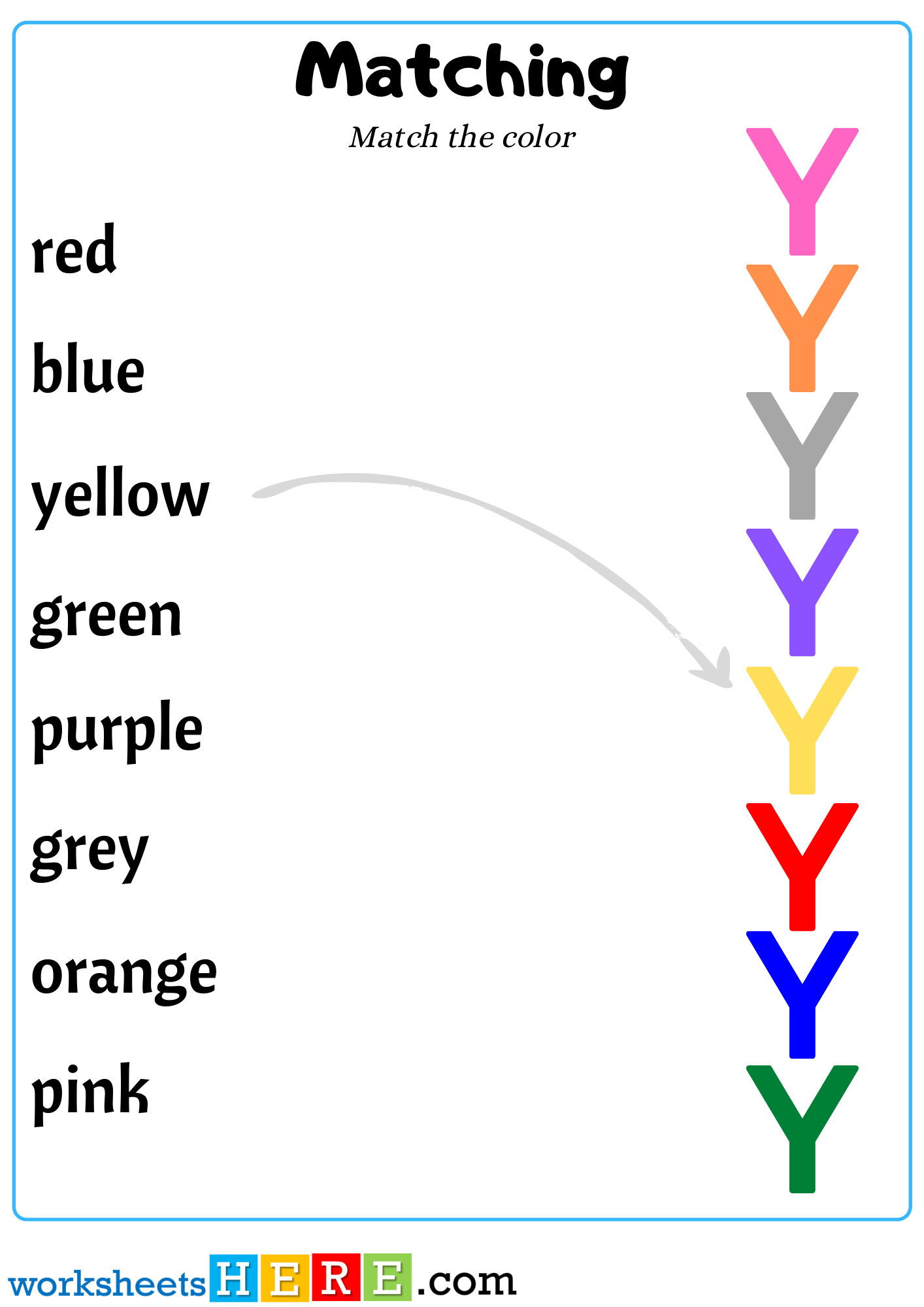 Color Words Matching with Letter Y For Kindergarten, Matching Activity For Kids