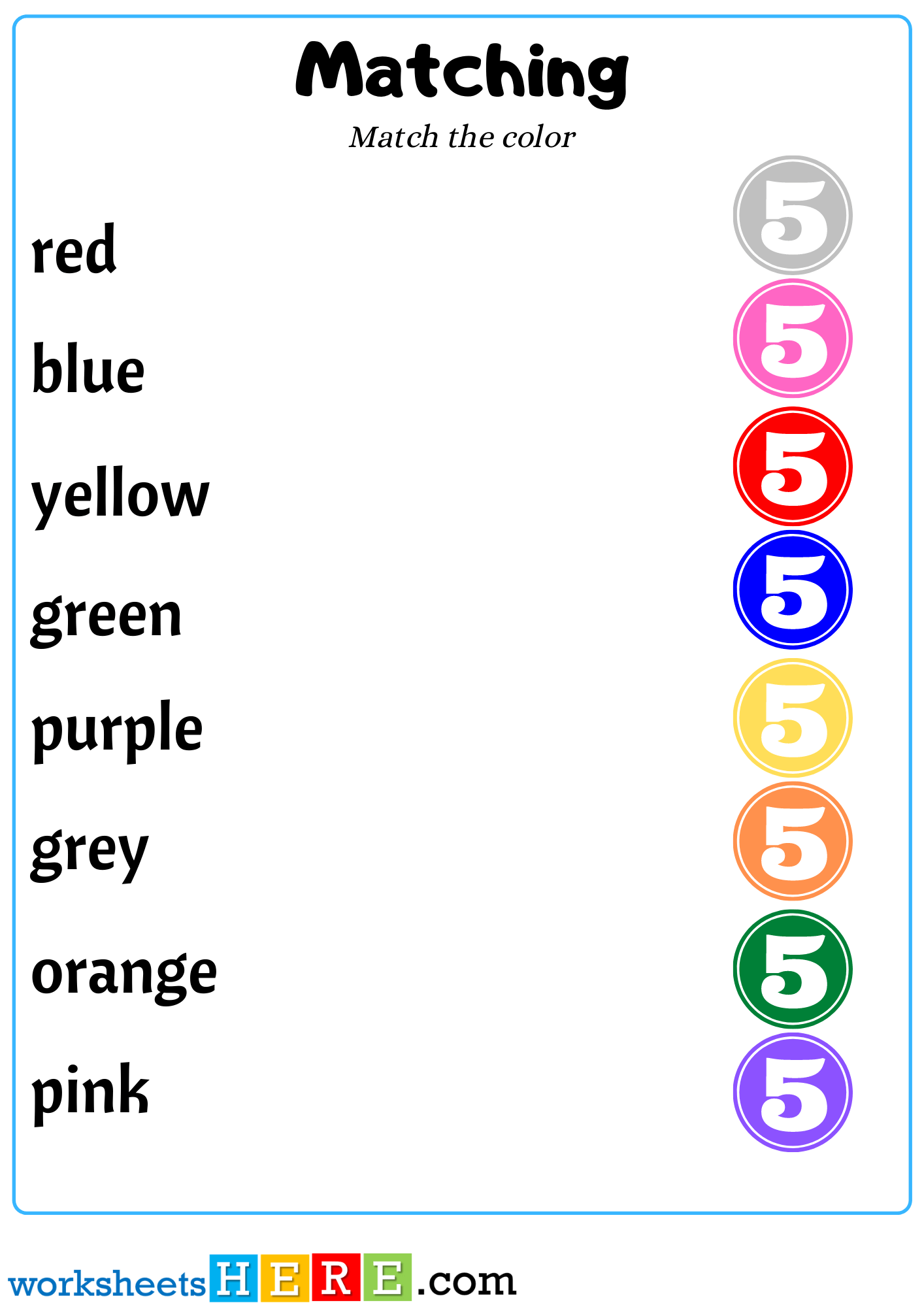 Color Words Matching with Number 5 For Kindergarten, Matching Activity For Kids
