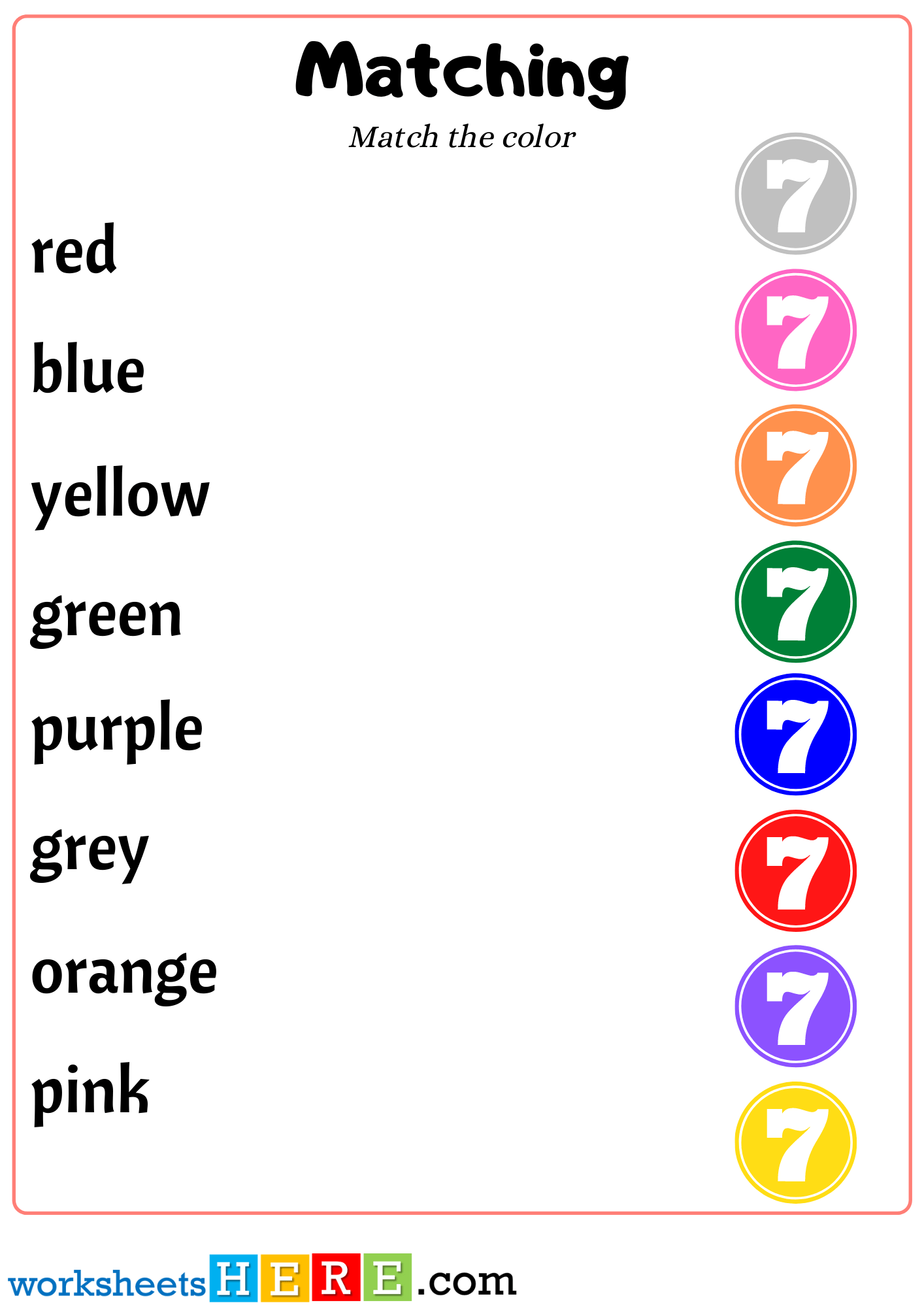 Color Words Matching with Number 7 For Kindergarten, Matching Activity For Kids