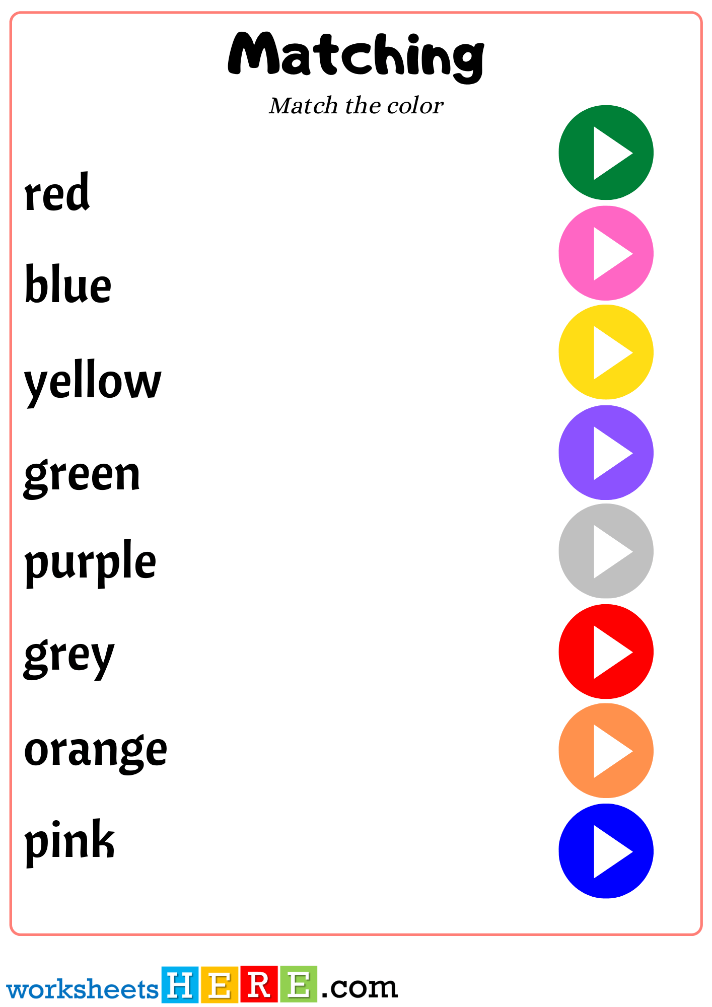 Color Words Matching with Play Icon For Kindergarten, Matching Activity For Kids