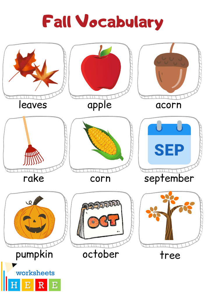 Fall Flashcards, Autumn Fall Vocabulary with Pictures Worksheets