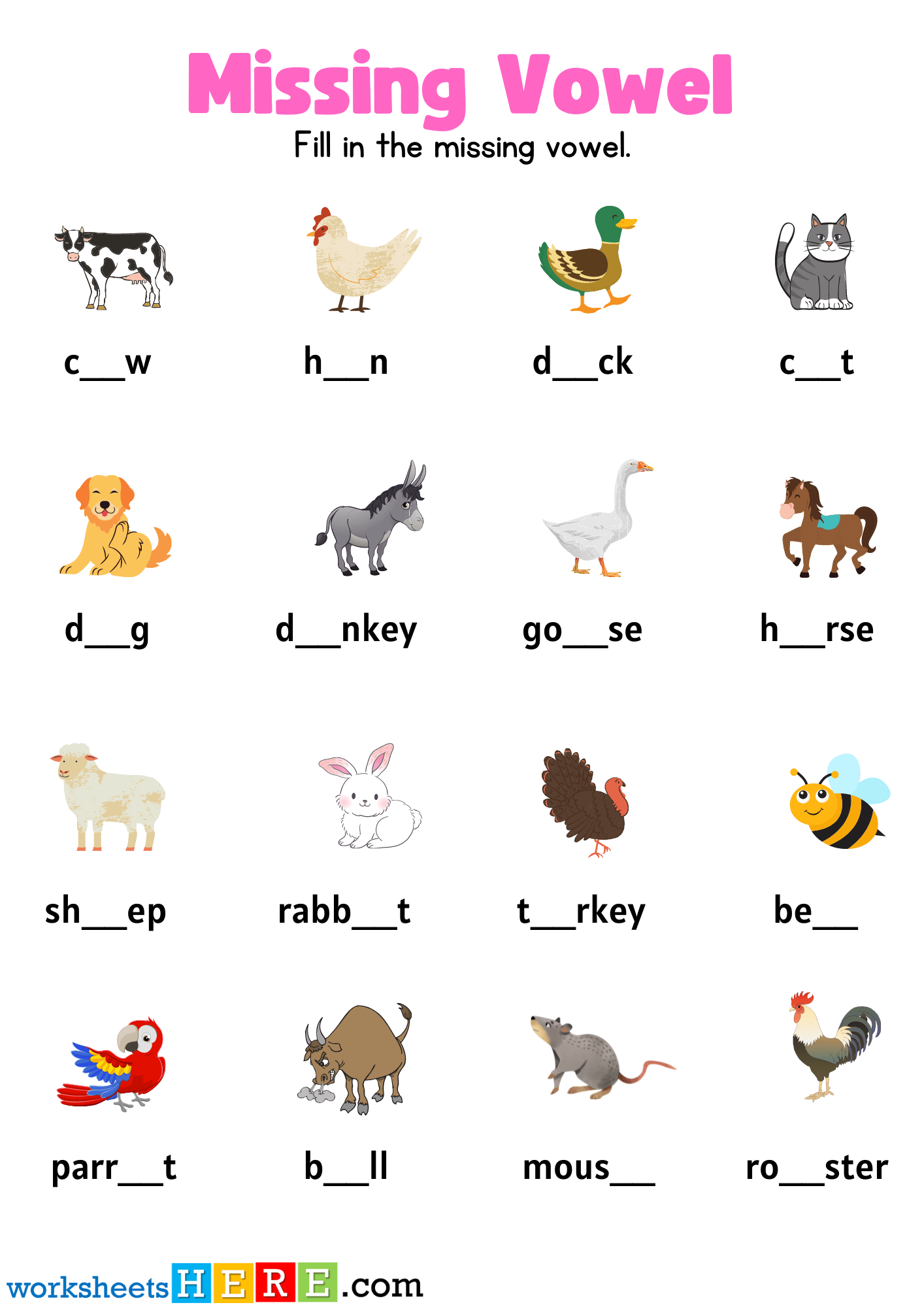 Find Missing Vowel Activity with Farm Animals, Write The Missing Vowel Worksheets