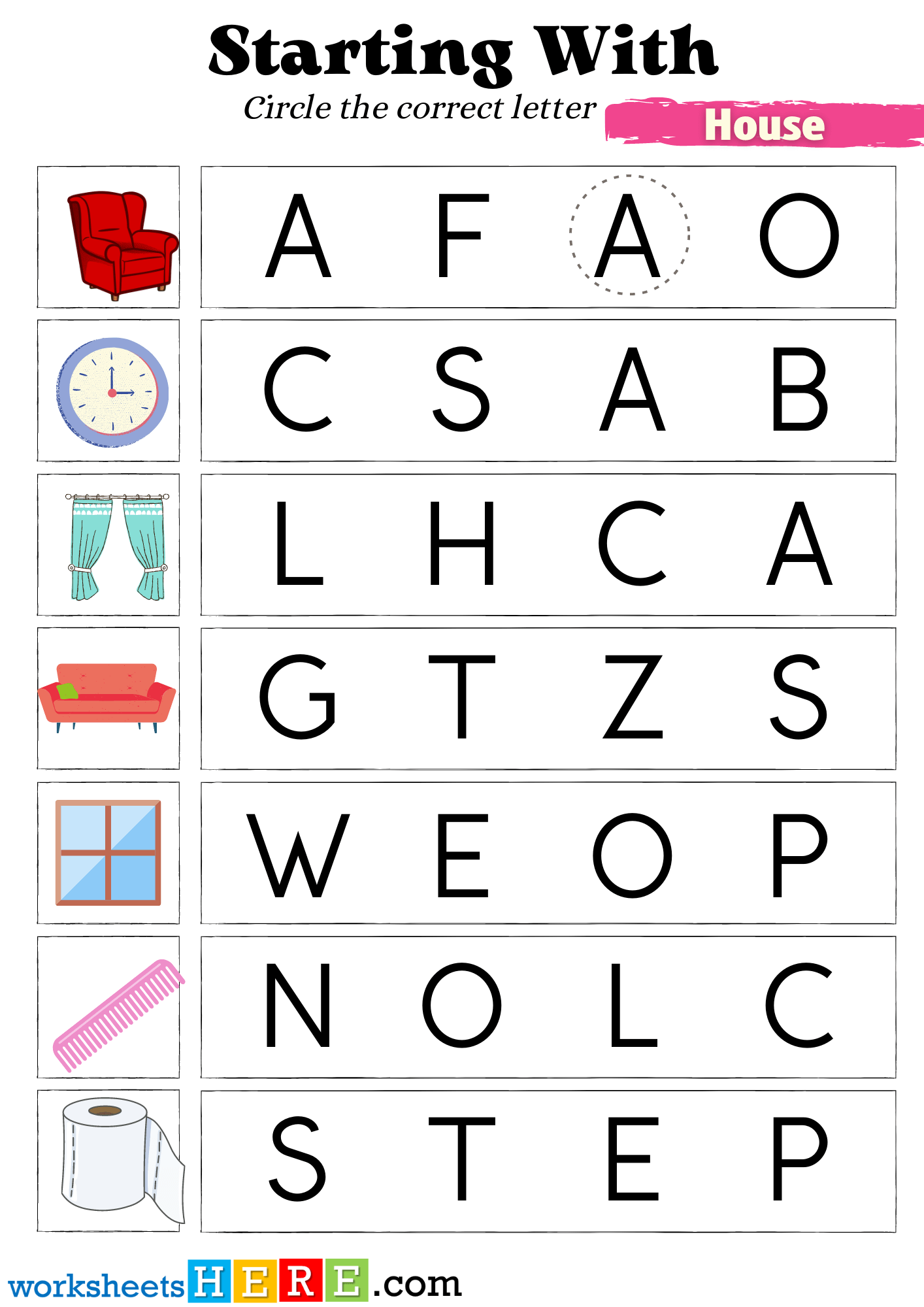 Find The House That Starts Beginning With The Correct Letter Pdf Worksheet