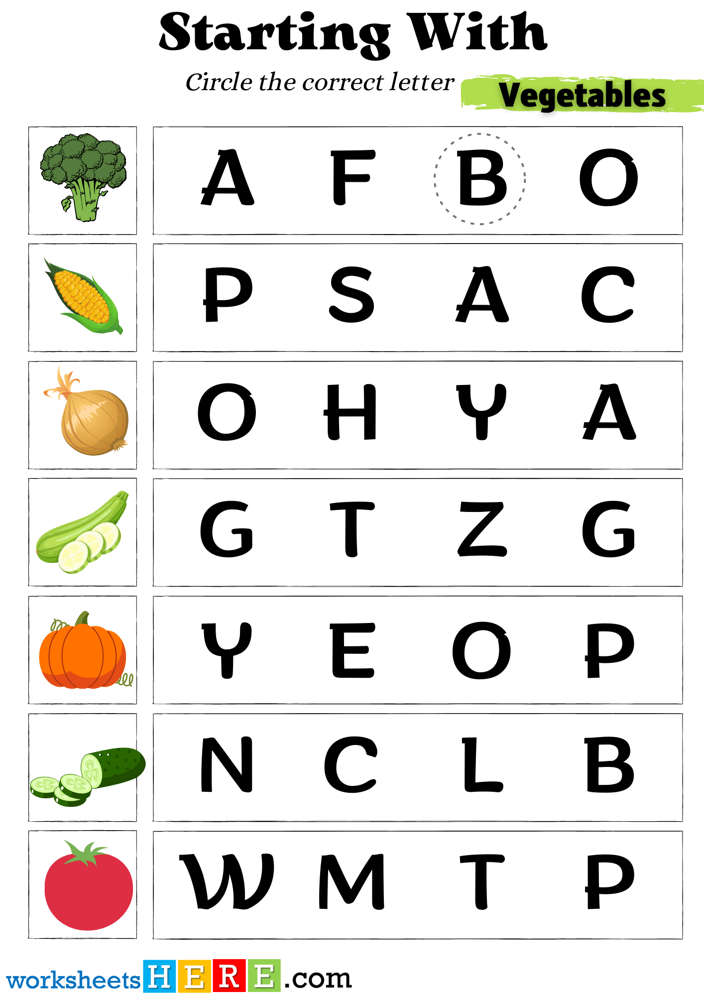 Find The Vegetables That Starts Beginning With The Correct Letter Pdf Worksheet