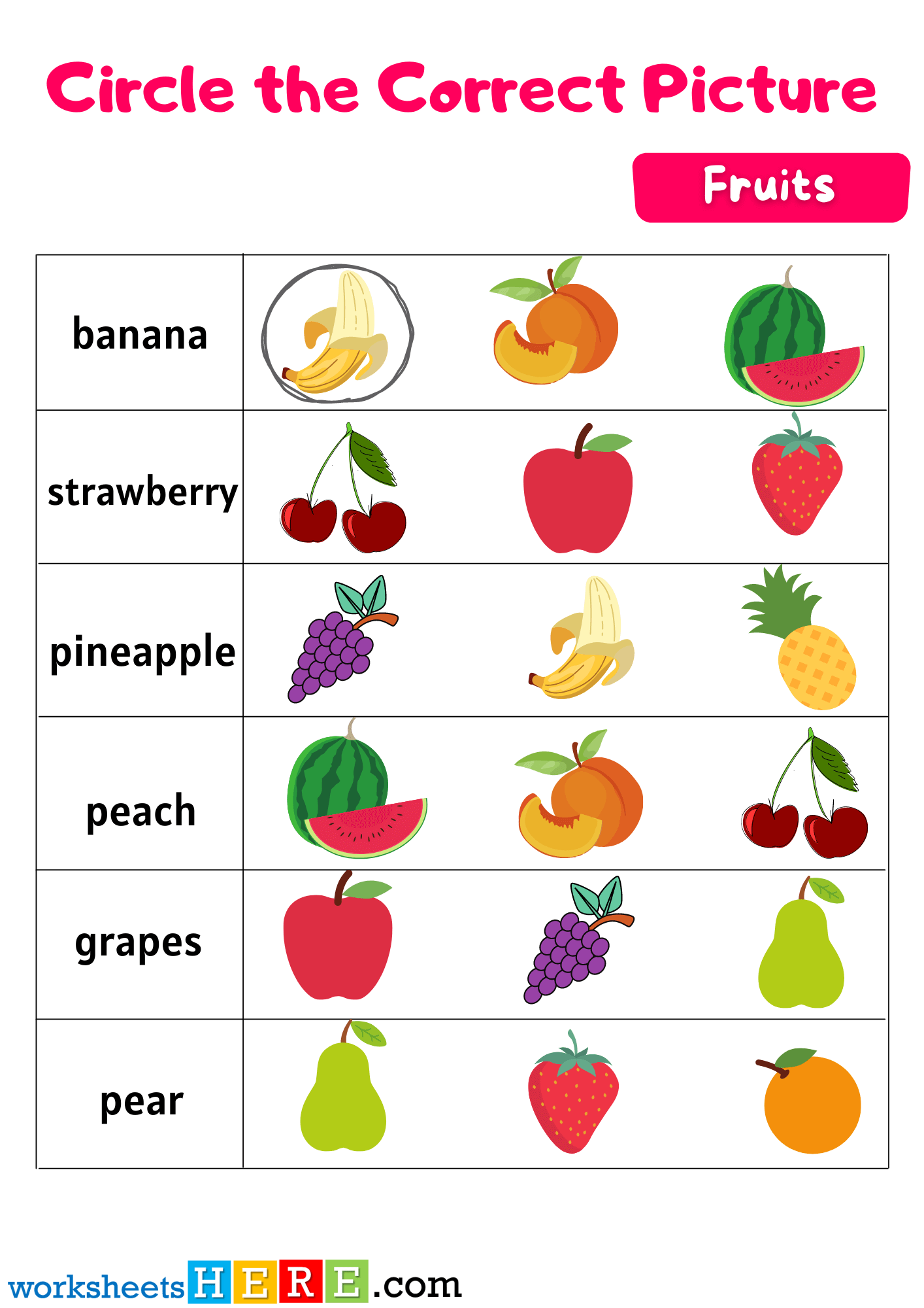 Finding Correct Fruit For Kindergarten, Circle Correct Fruit Activity Worksheets for Kids