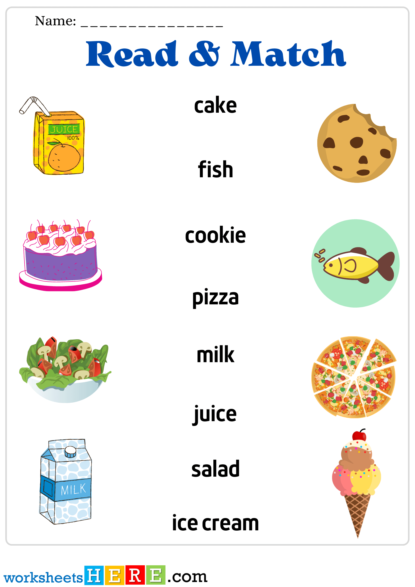 Read and Match Food with Pictures Activity For Kids Worksheets Pdf