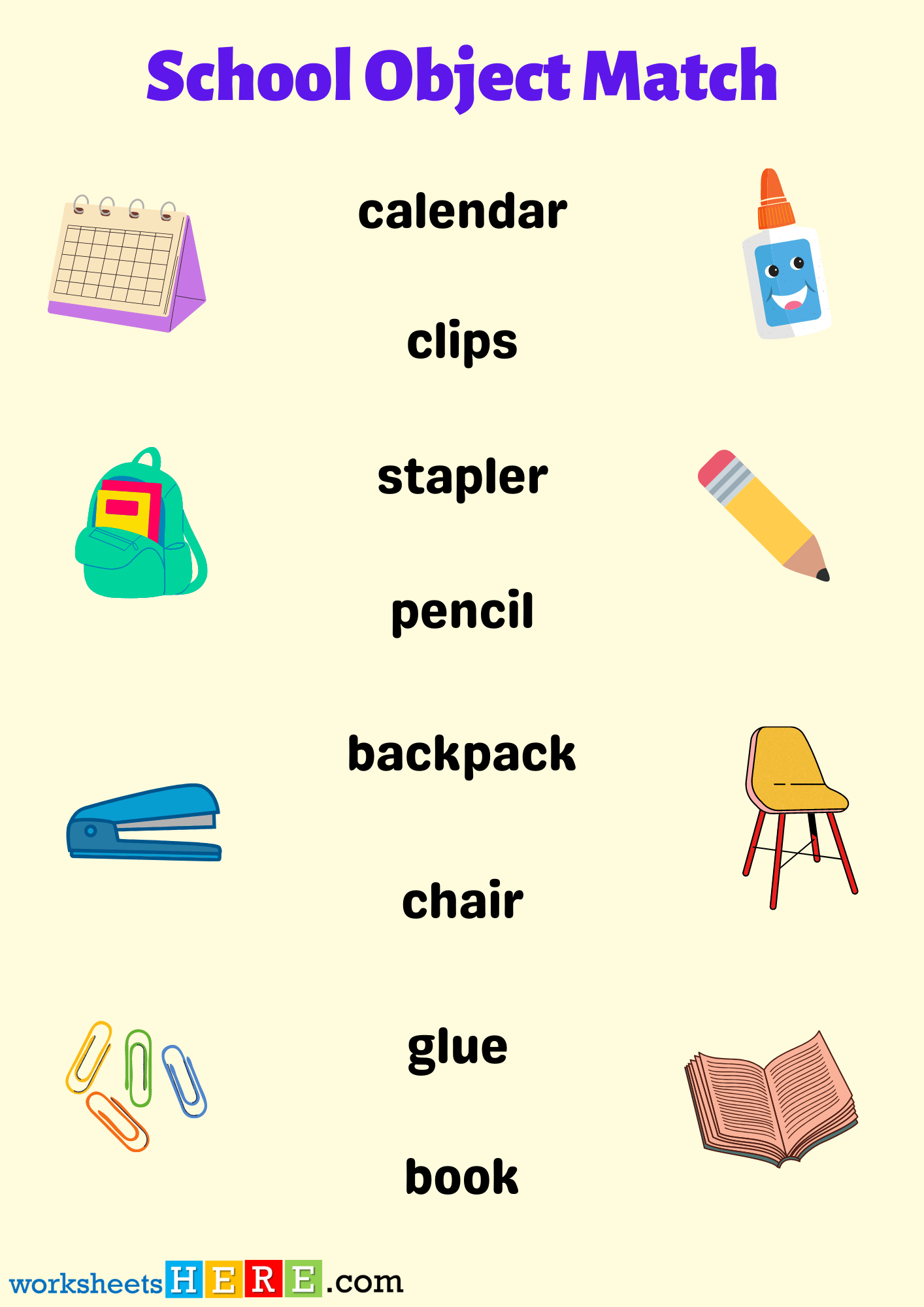 School Object Matching Activity For Kids Pdf Worksheet
