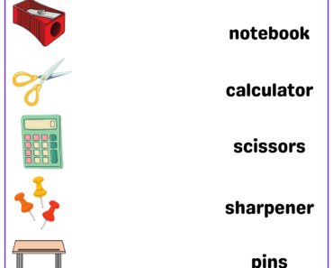 School and Classroom Object Word Matching Activity Worksheets For Kids