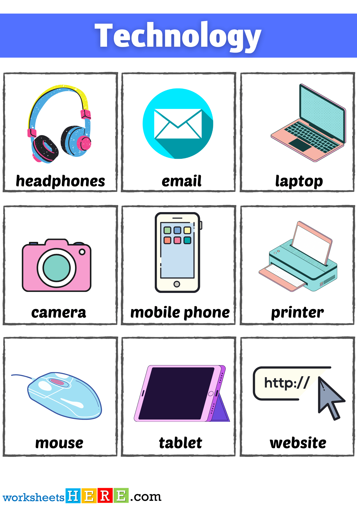 Technology Words Flashcards, Technology Related Words List with Pictures Worksheets