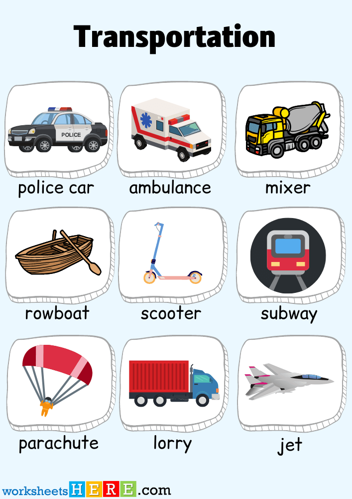 Transportation Flashcards, Transportation Words List with Pictures Worksheets