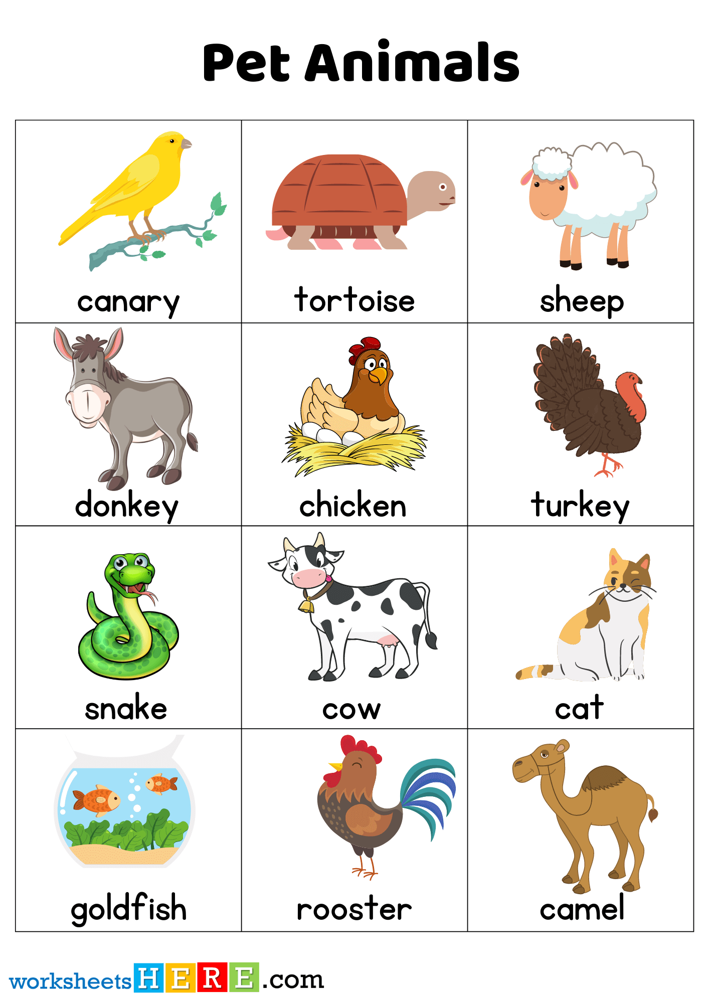 24 Pet Animals Names with Pictures Flashcards PDF Worksheets For Students