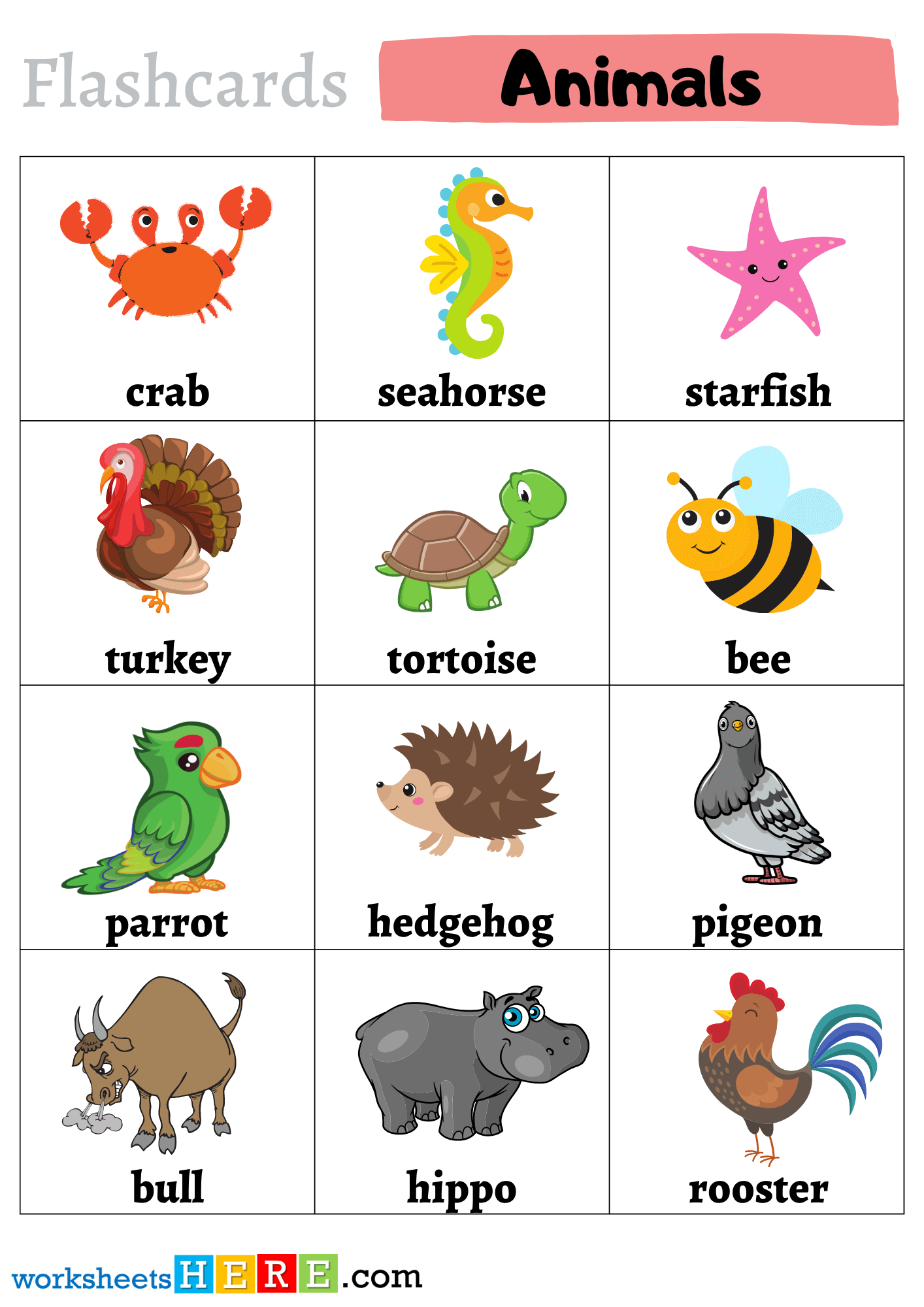 +70 Animals Names with Pictures Flashcards Worksheet, Pdf Flashcards For Kids