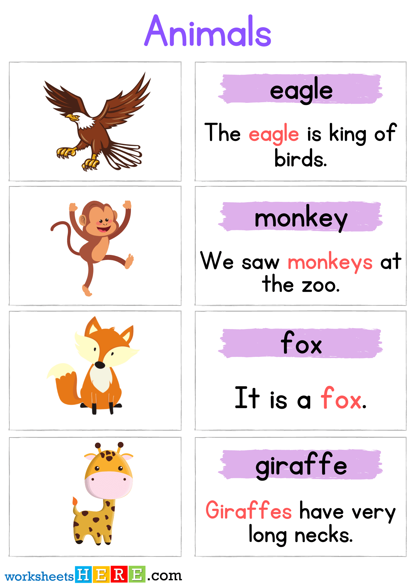Animals Flashcards Pictures with Sentences Pdf Worksheets For Kids, Eagle, Monkey, Fox, Giraffe