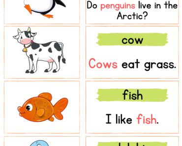 Animals Flashcards Pictures with Sentences Pdf Worksheets For Kids, Penguin, Cow, Fish, Dolphin