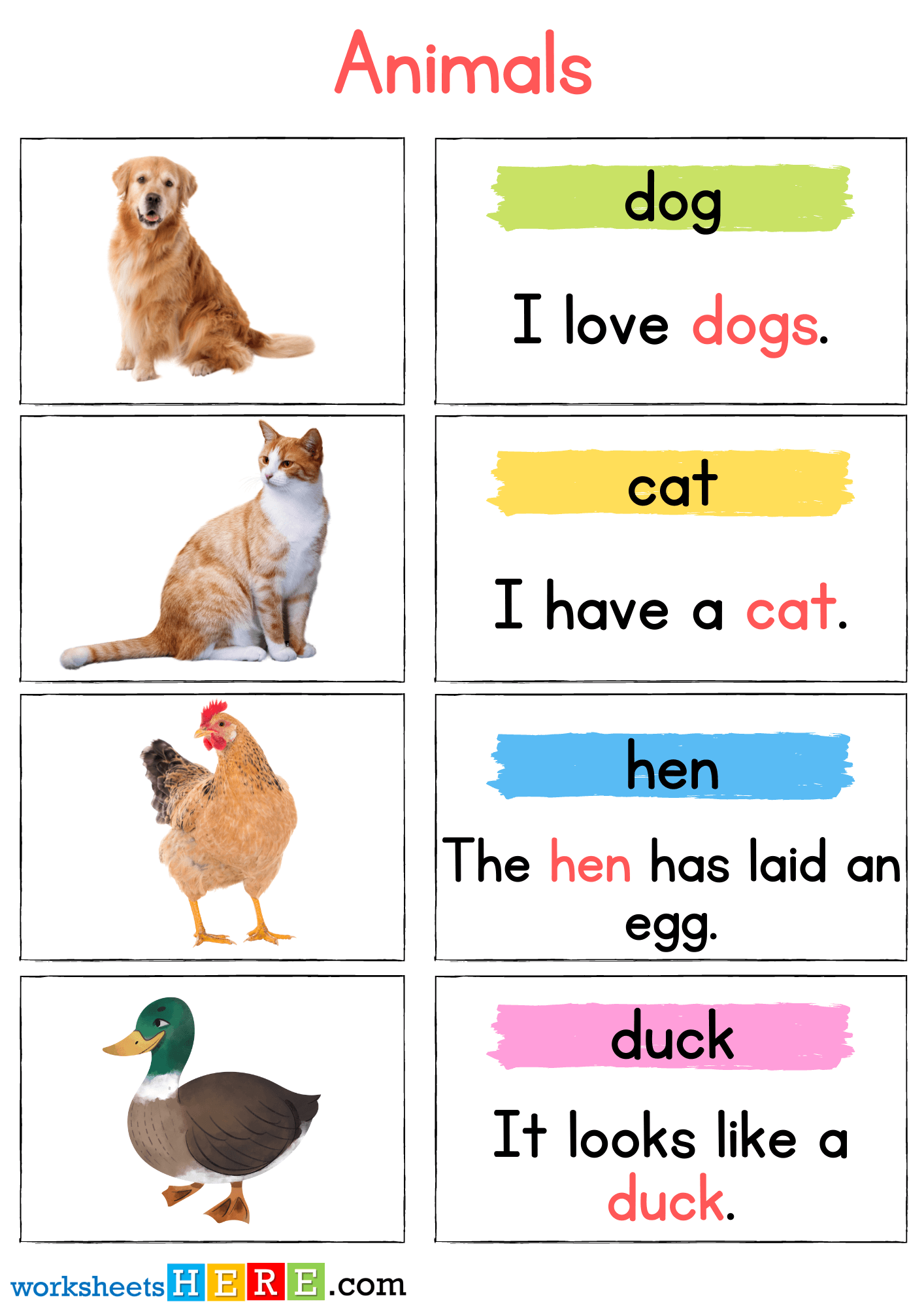 Animals Flashcards with Sentences Pdf Worksheets For Kids, Dog, Cat, Hen, Duck