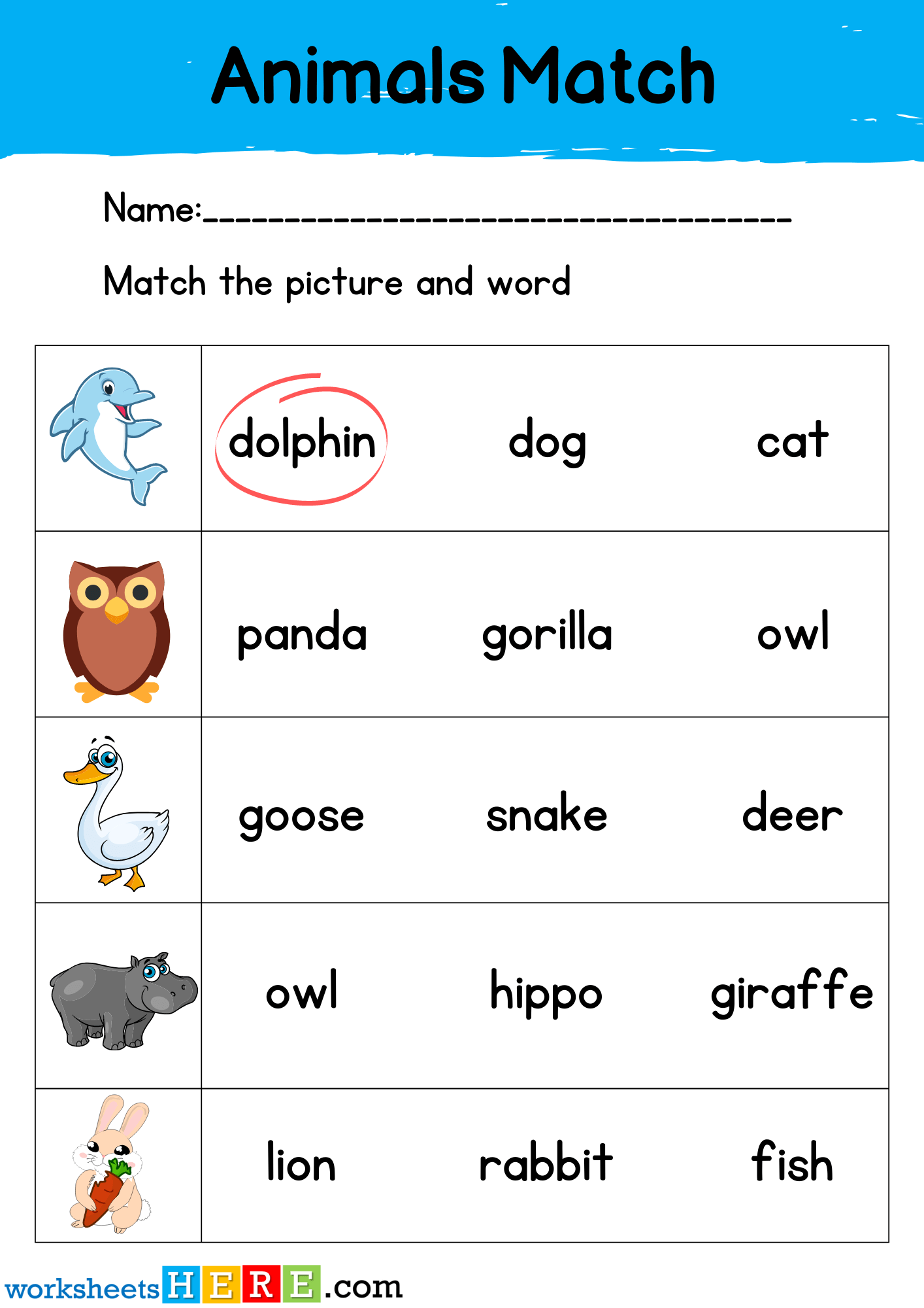 Animals Names Match with Pictures Activity PDF Worksheet For Kids