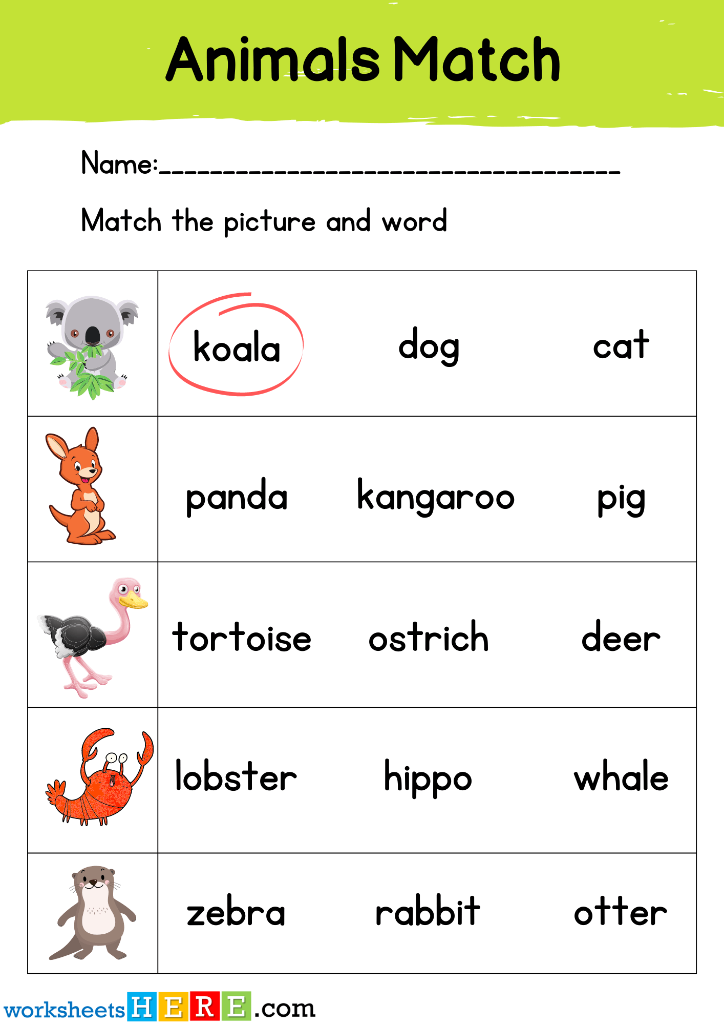 Animals Names Match with Pictures Activity PDF Worksheet For Students and Kids