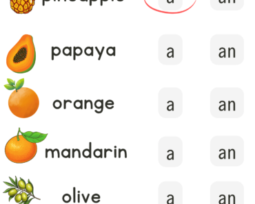 Articles Exercises with Fruits Names and Pictures, A or An PDF Worksheets For Kids