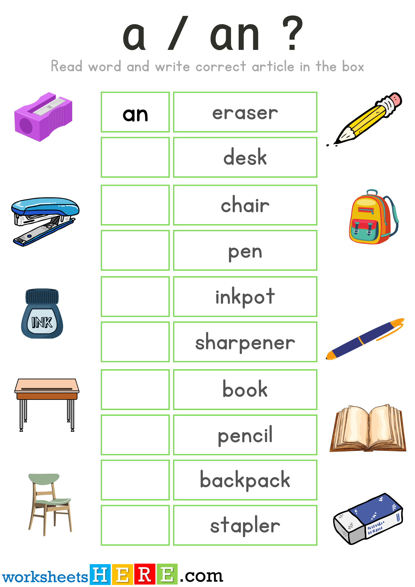 Articles Exercises with School Objects Names and Pictures, A or An PDF Worksheets For Kids