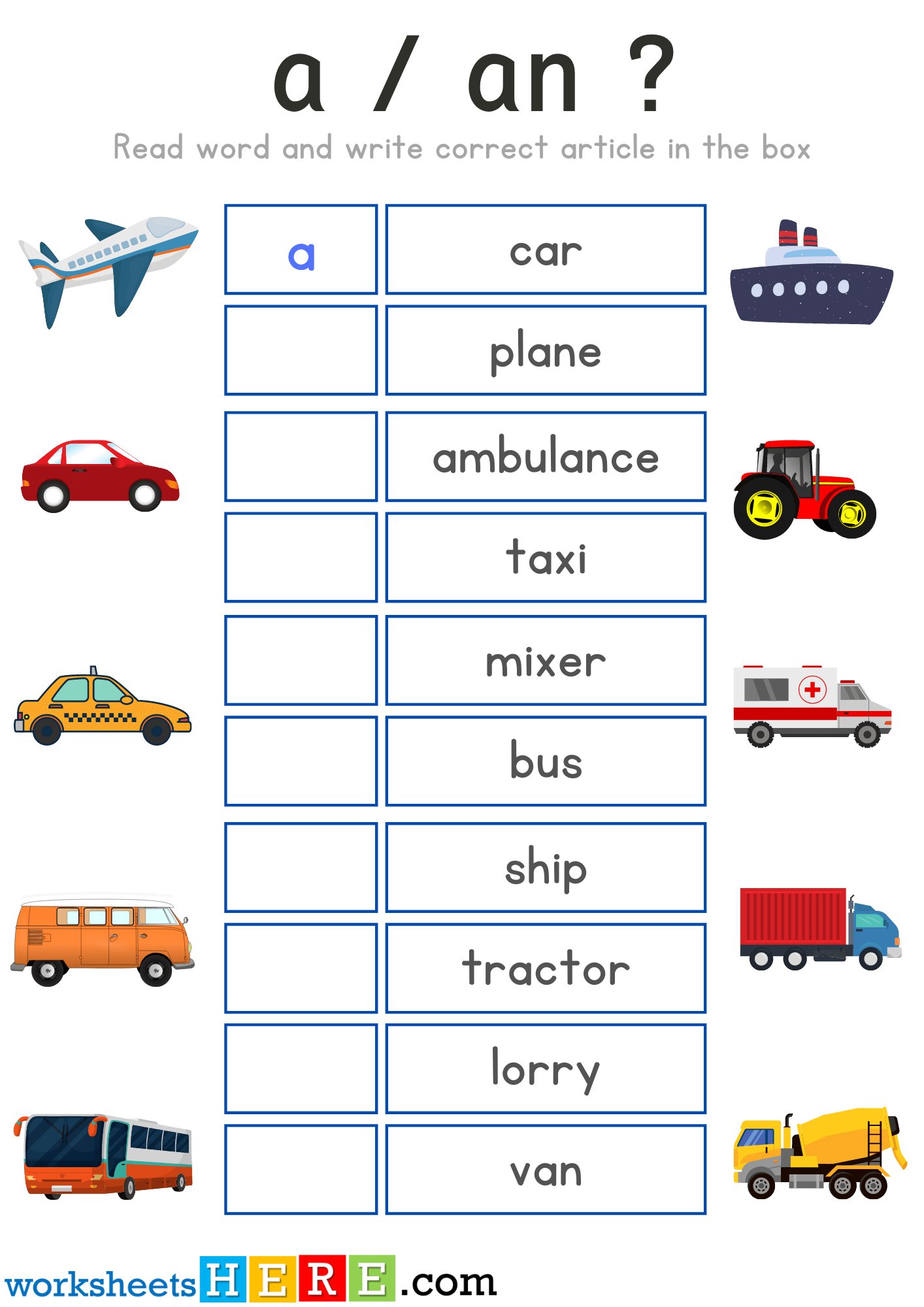 Articles Exercises with Transportation Pictures, A or An PDF Worksheets For Students