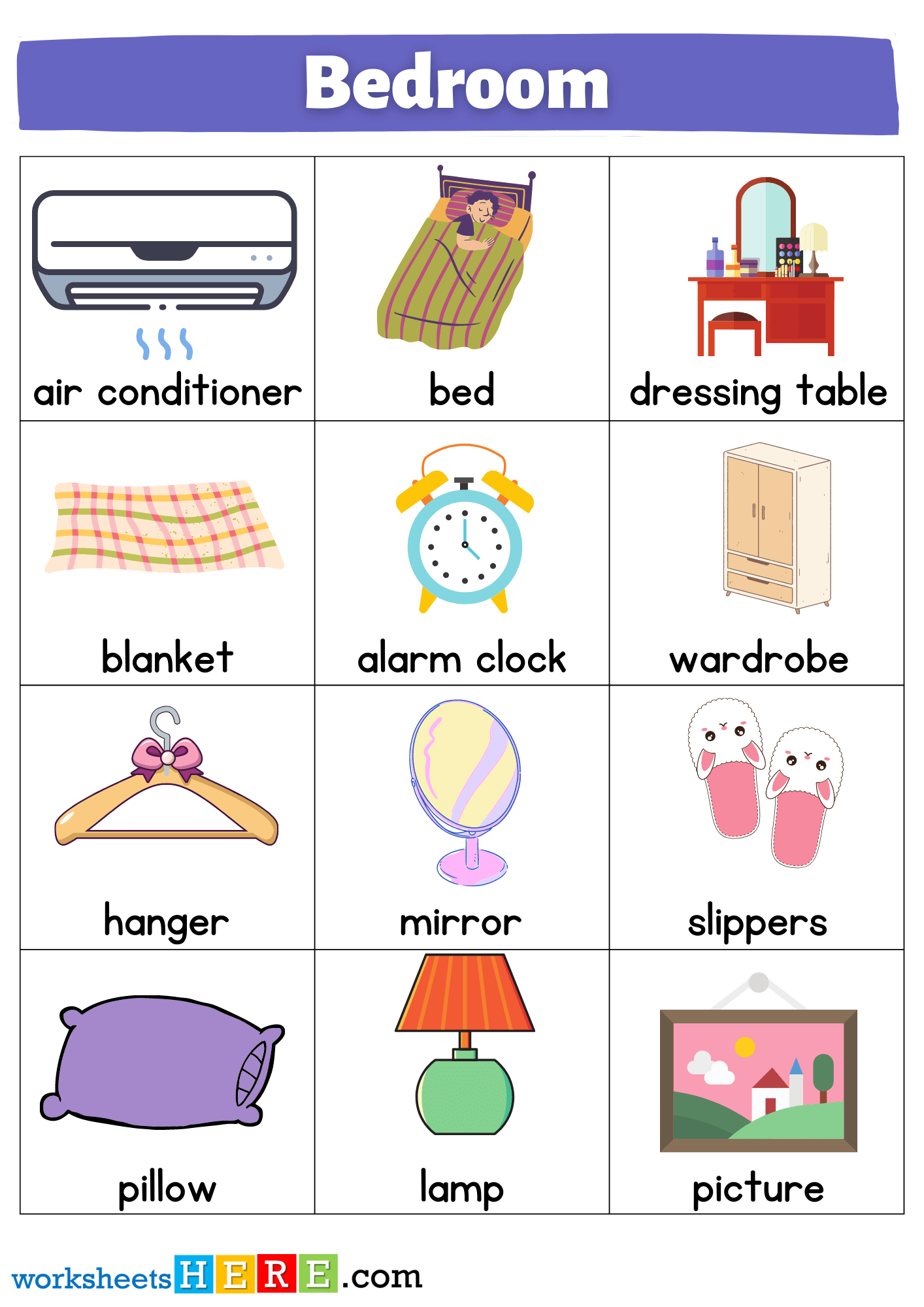 Bedroom Objects Names with Pictures Flashcards PDF Worksheets For Students