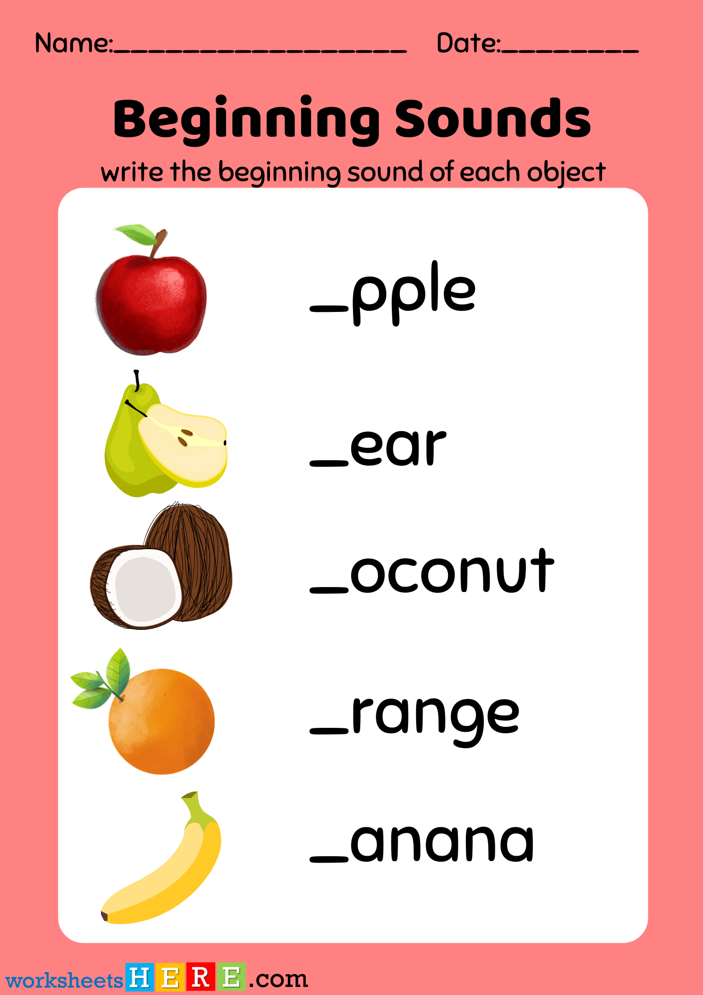 Beginning Sounds Exercises with Fruits Pictures PDF Worksheet For Kids