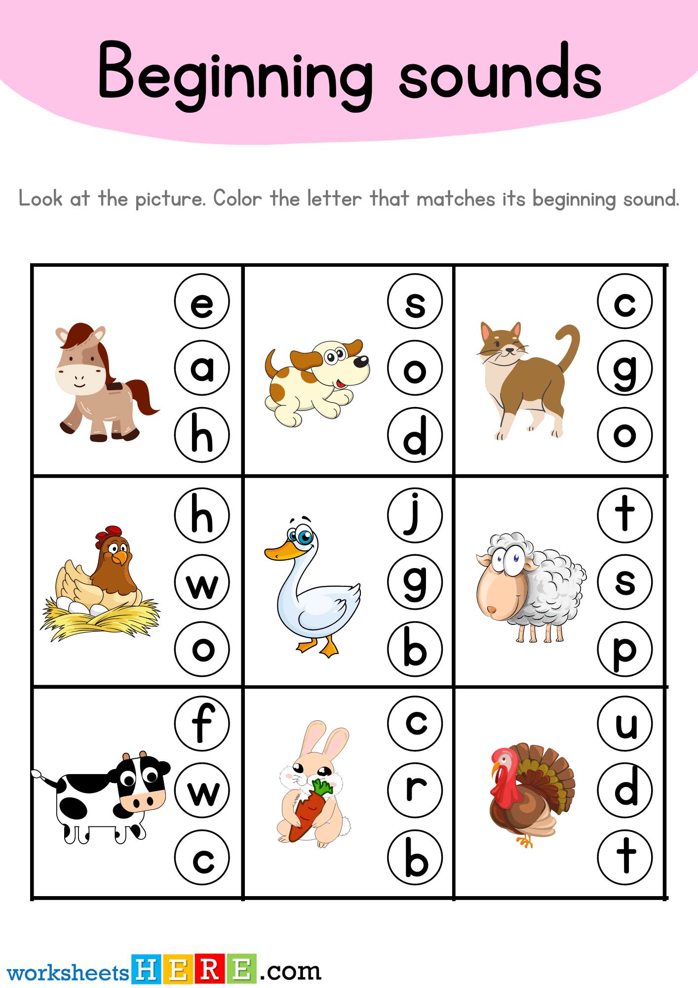 Beginning Sounds PDF Worksheet with Farm Animals, Starting Sound Activity for Kids