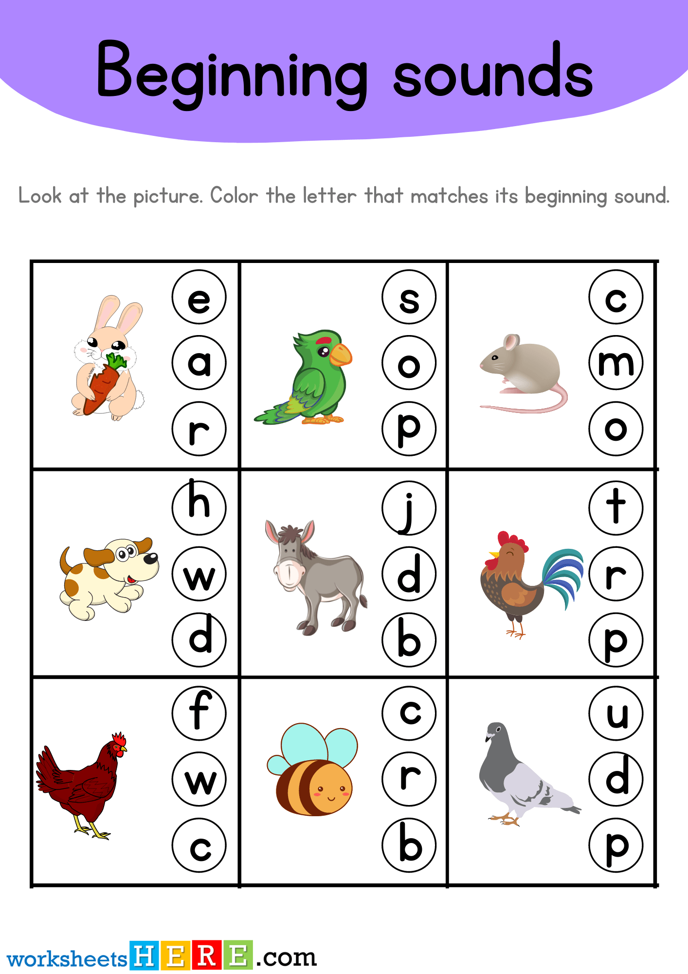 Beginning Sounds PDF Worksheet with Farm Animals, Starting Sound Activity for Kindergarten