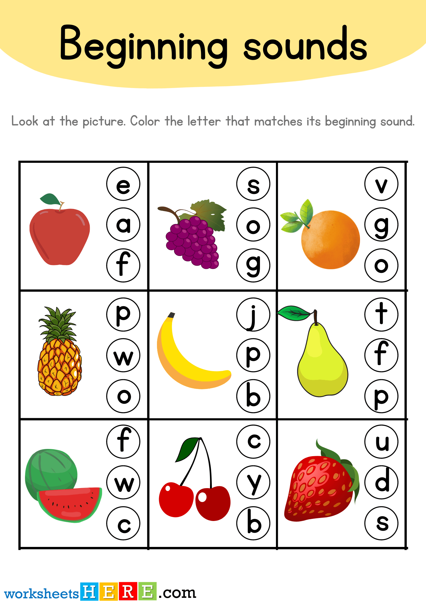 Beginning Sounds Worksheet with Fruits, Starting Sound Activity for Kids