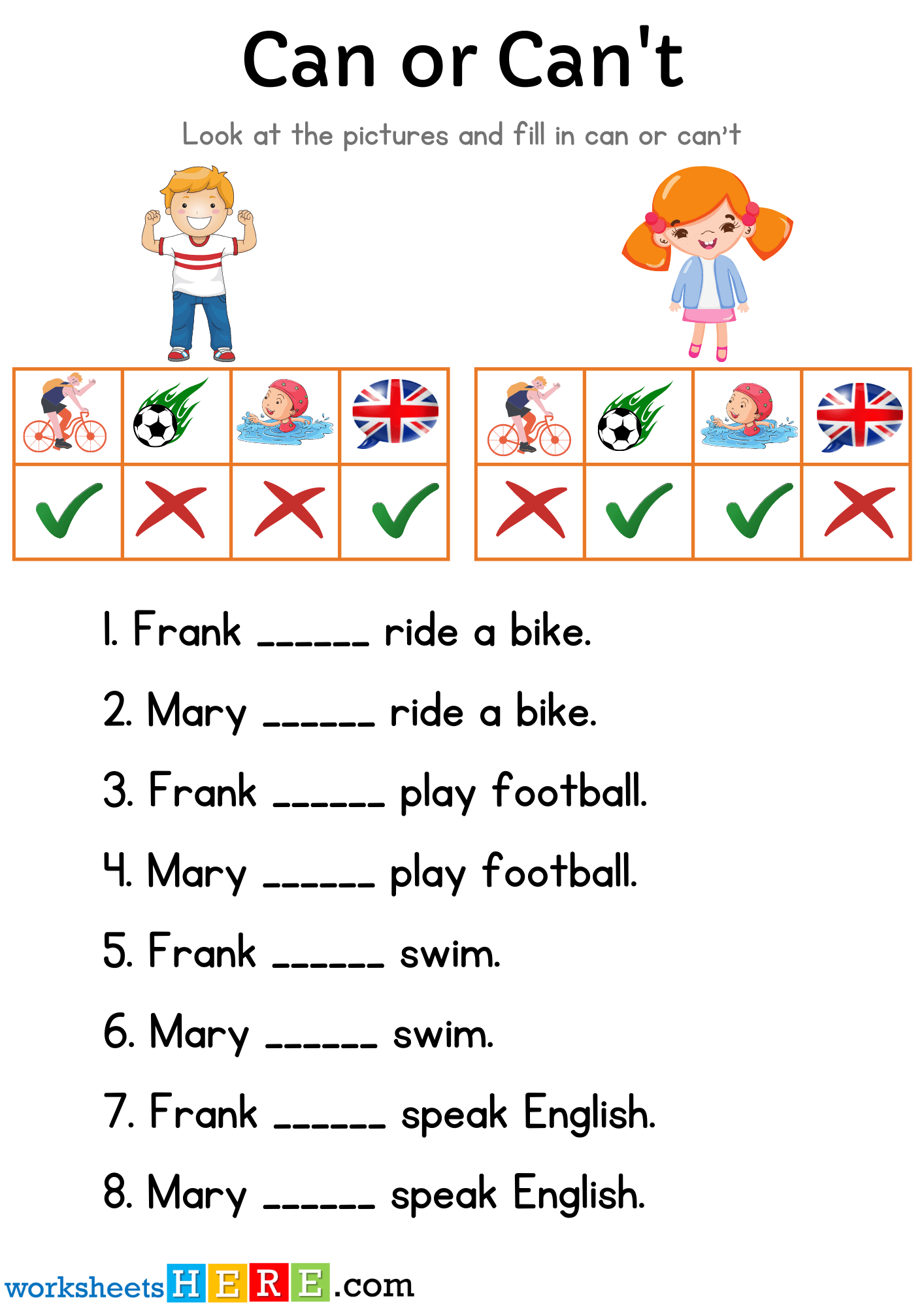Can or Can’t Exercises and Answers with Pictures Examples PDF Worksheet For Kids