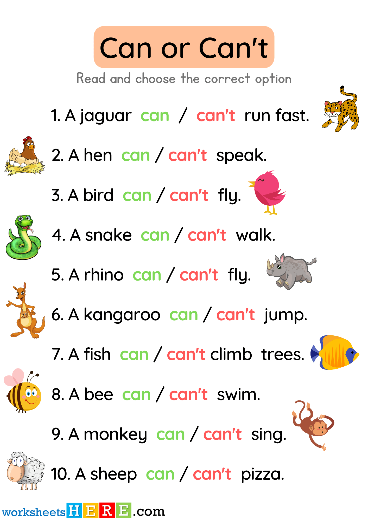 Can or Can’t Exercises with Pictures and Answers Examples PDF Worksheet For Kids