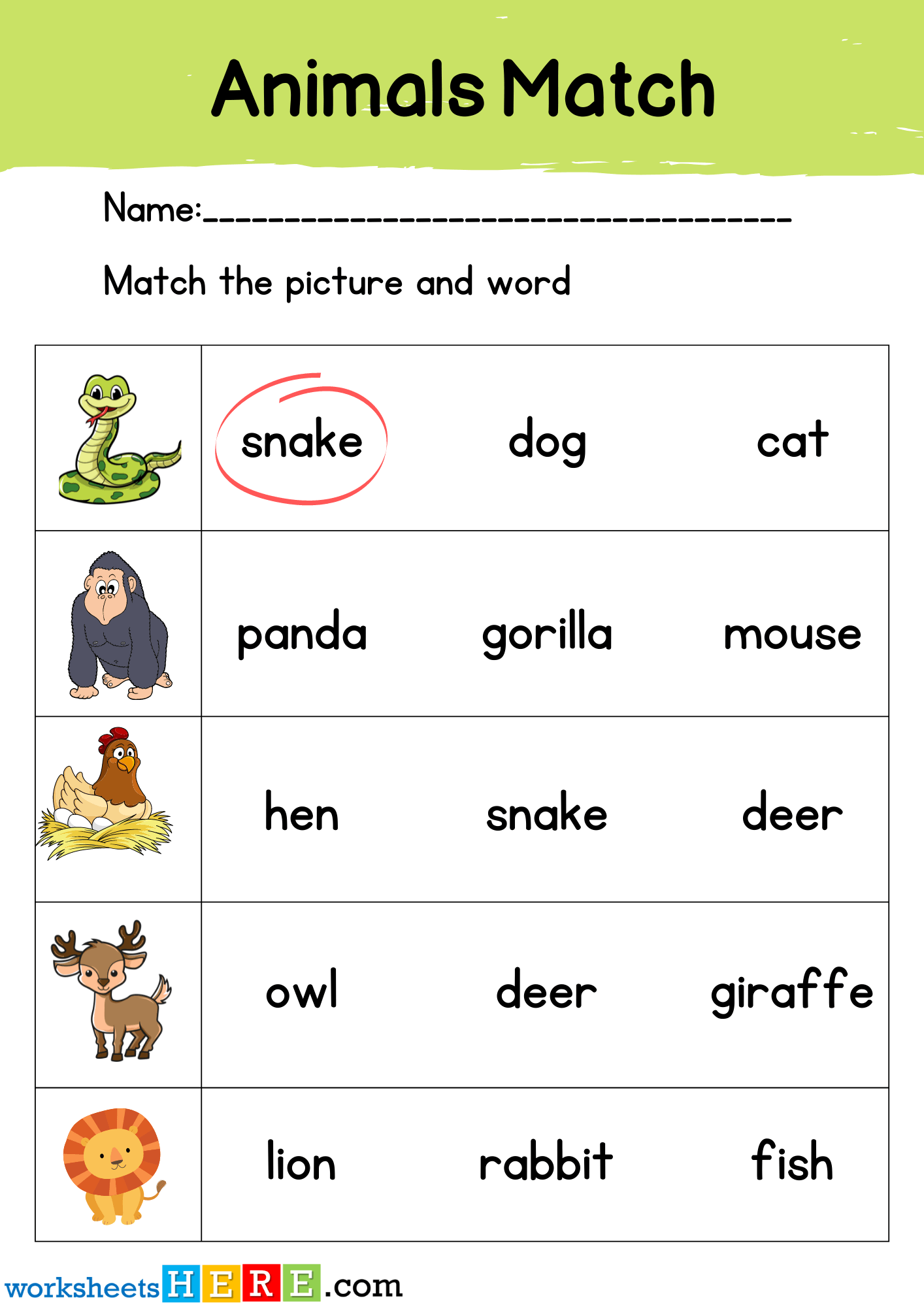 Circle Animals Names with Correct Pictures Activity PDF Worksheets For Kindergarten