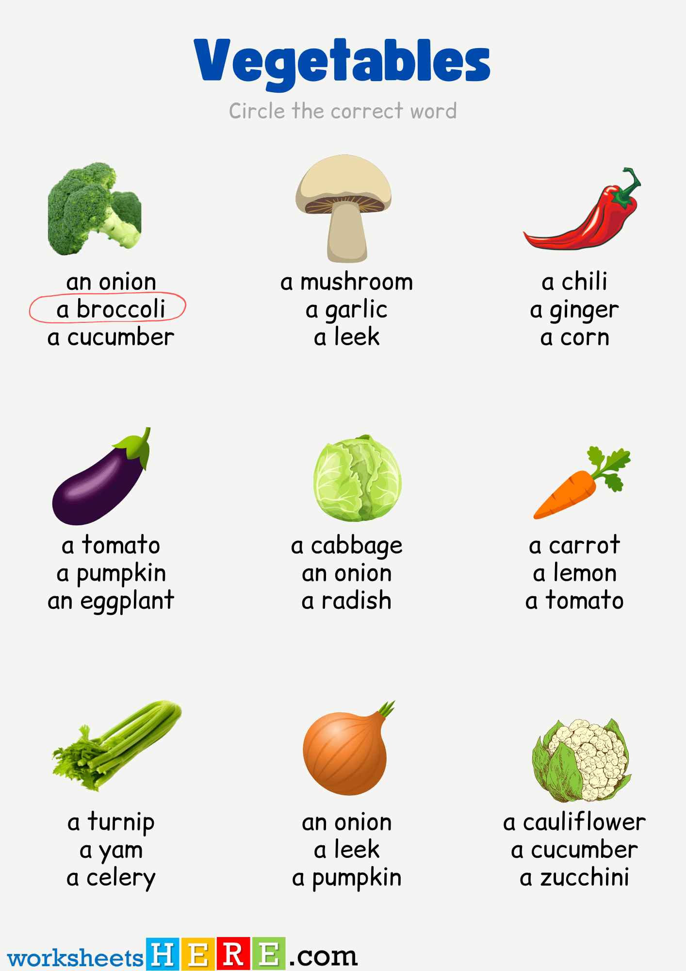 Circle Correct Vegetables Names with Pictures PDF Worksheet For Kindergarten