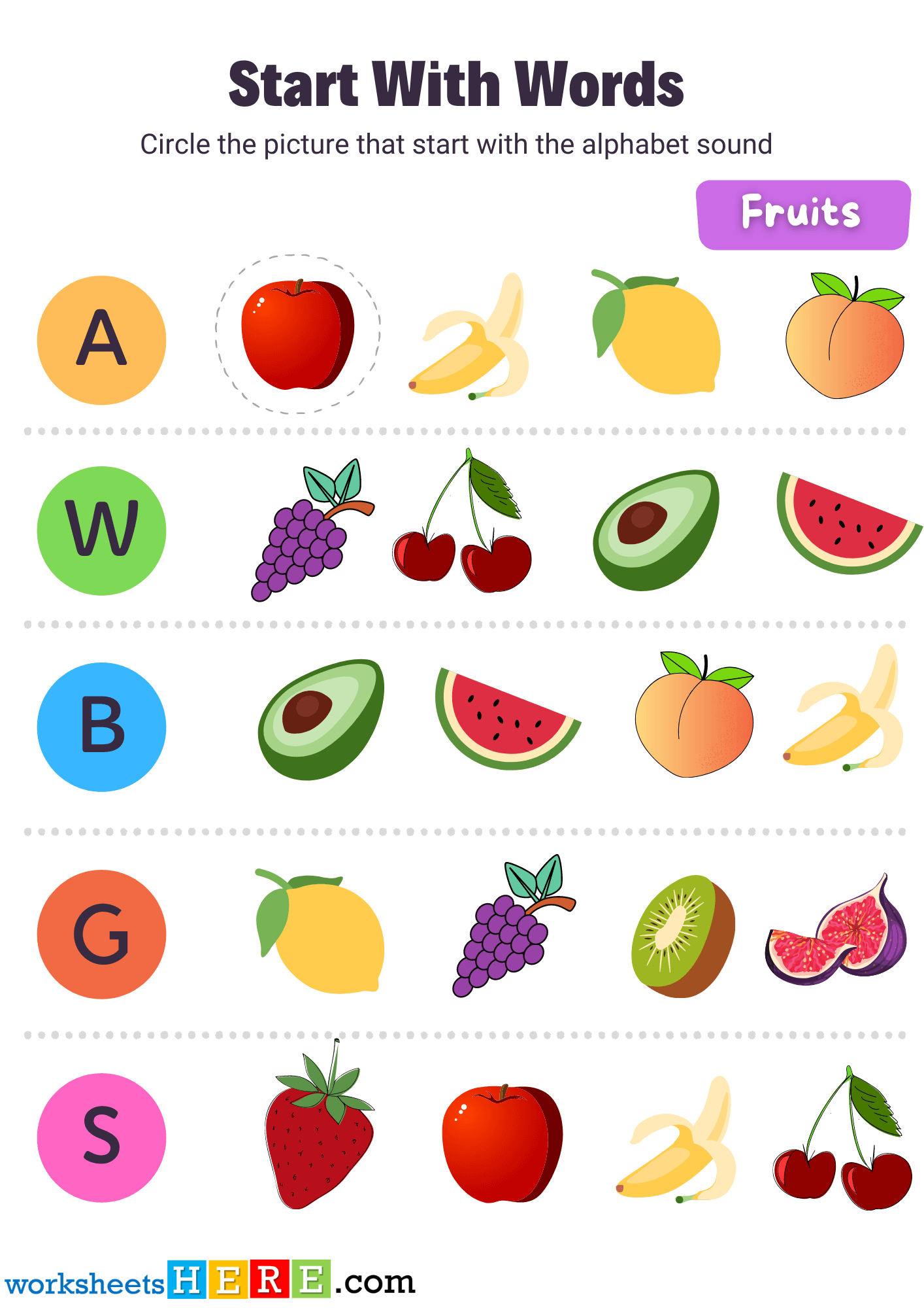 Circle Start With Words Activity About Fruits, Pdf Worksheets For Kids
