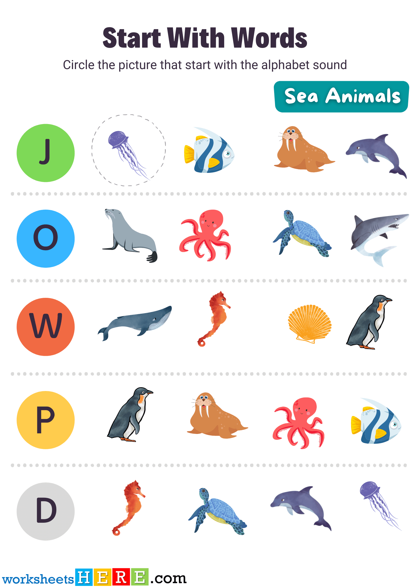 Circle Start With Words Activity About Sea Animals Names, Pdf Worksheets For Kids