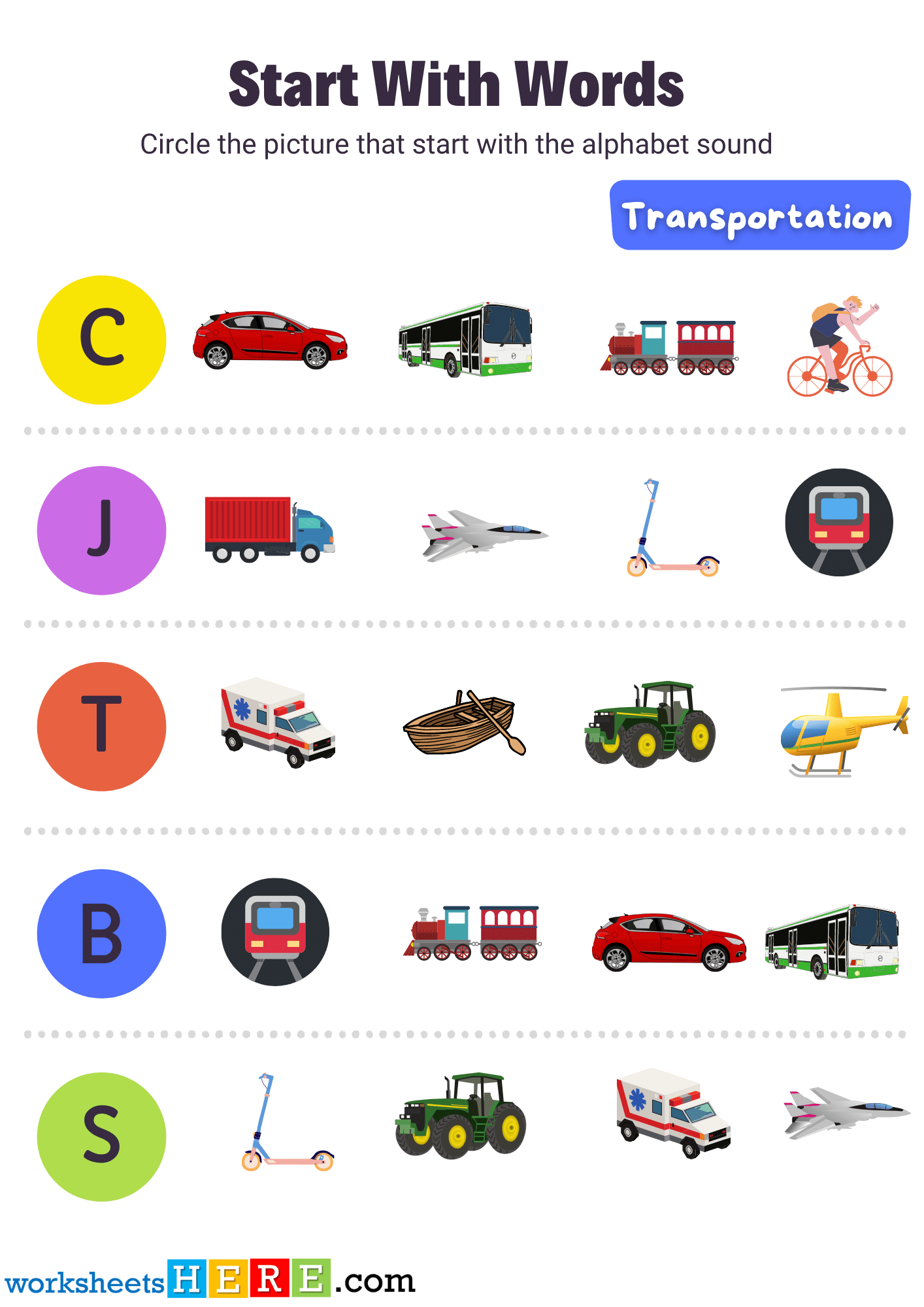 Circle Start With Words Activity About Transportation Names, Pdf Worksheets For Kids