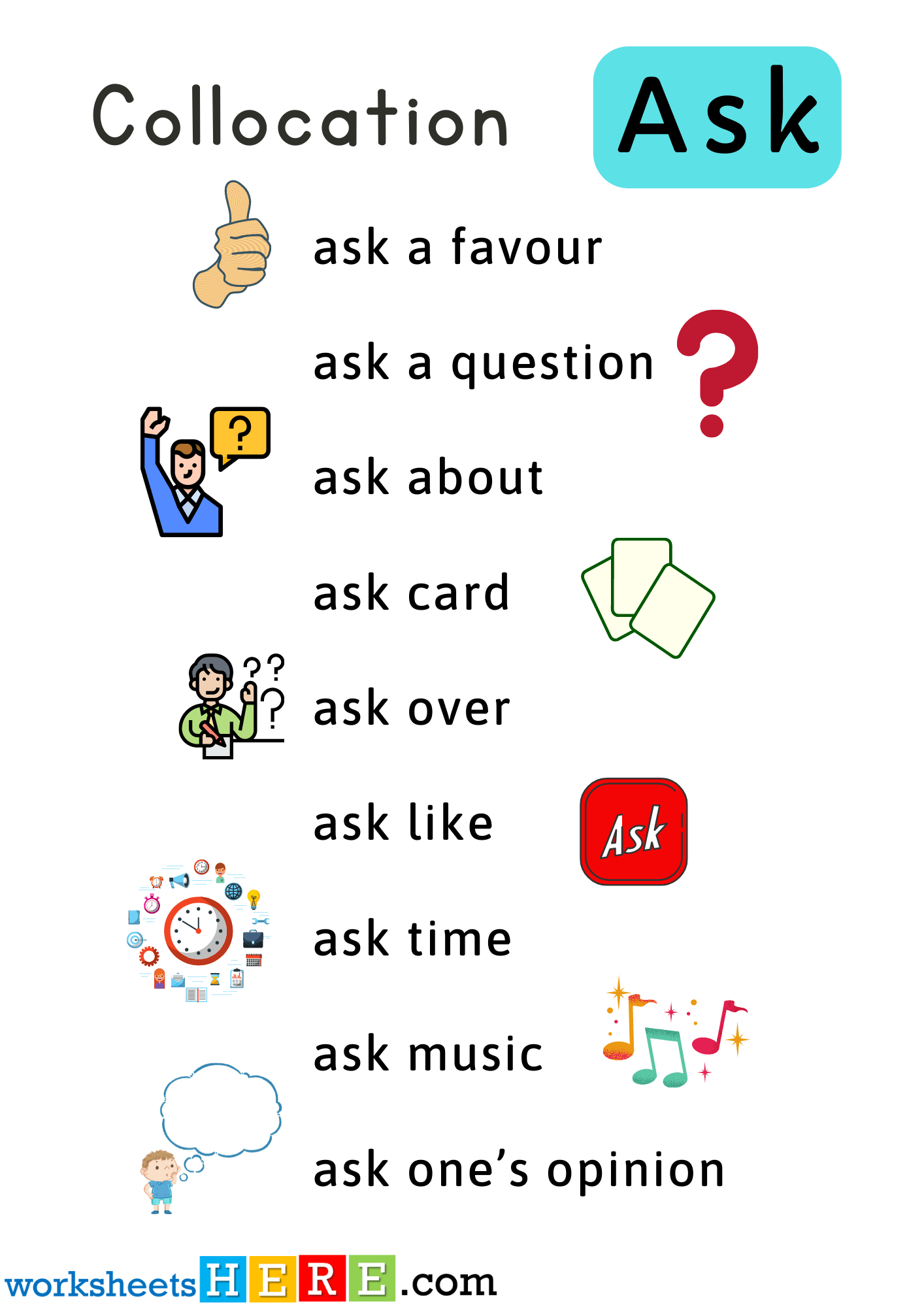 Collocations with Ask Phrases with Pictures PDF Worksheet For Students
