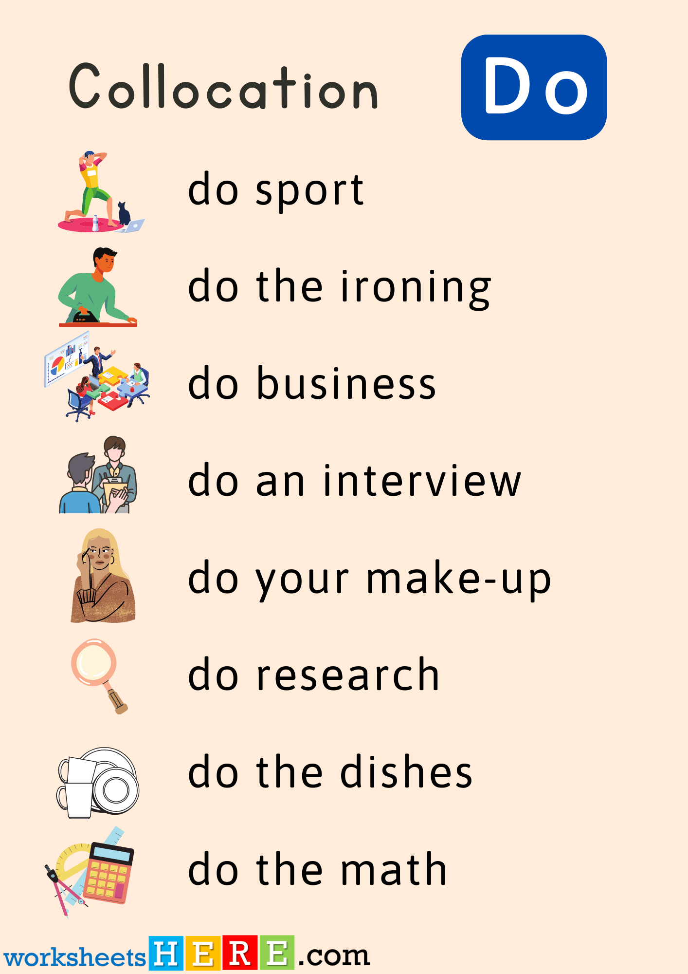 Collocations with Do Phrases with Pictures PDF Worksheet For Students
