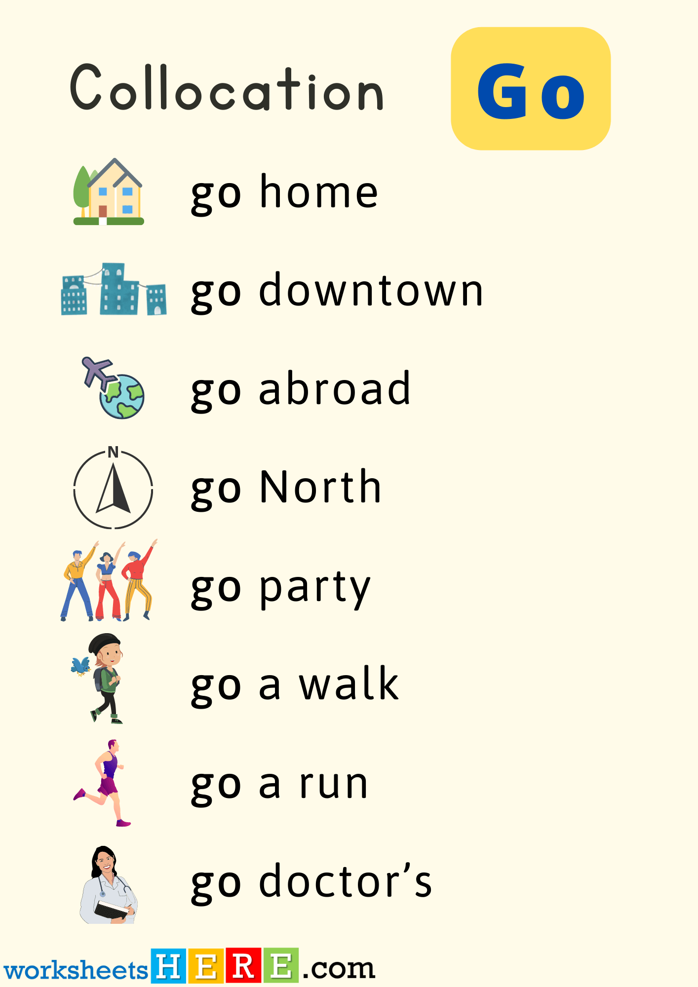 Collocations with Go Phrases with Pictures PDF Worksheet For Students