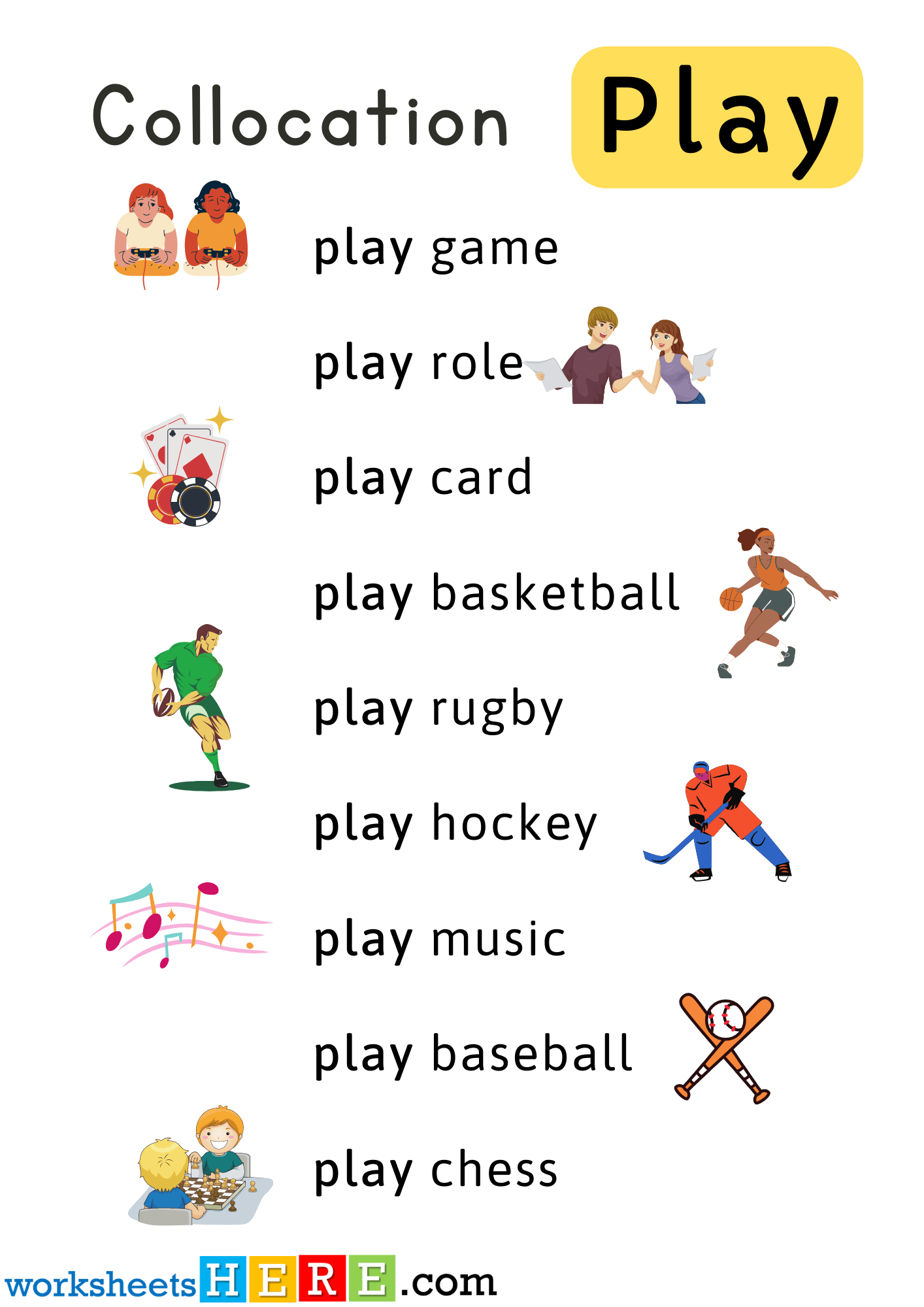 Collocations with Play Phrases with Pictures PDF Worksheet For Students