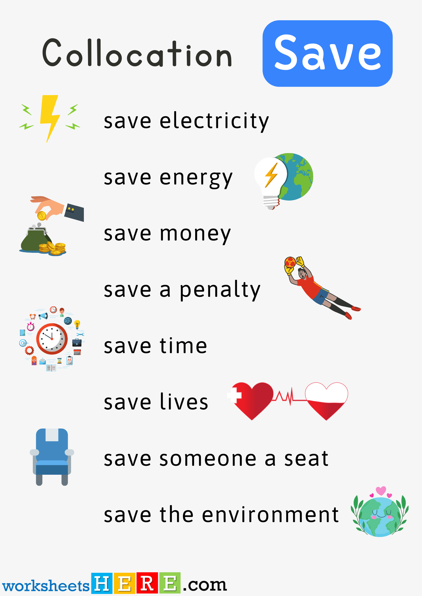 Collocations with Save Phrases with Pictures PDF Worksheet For Students