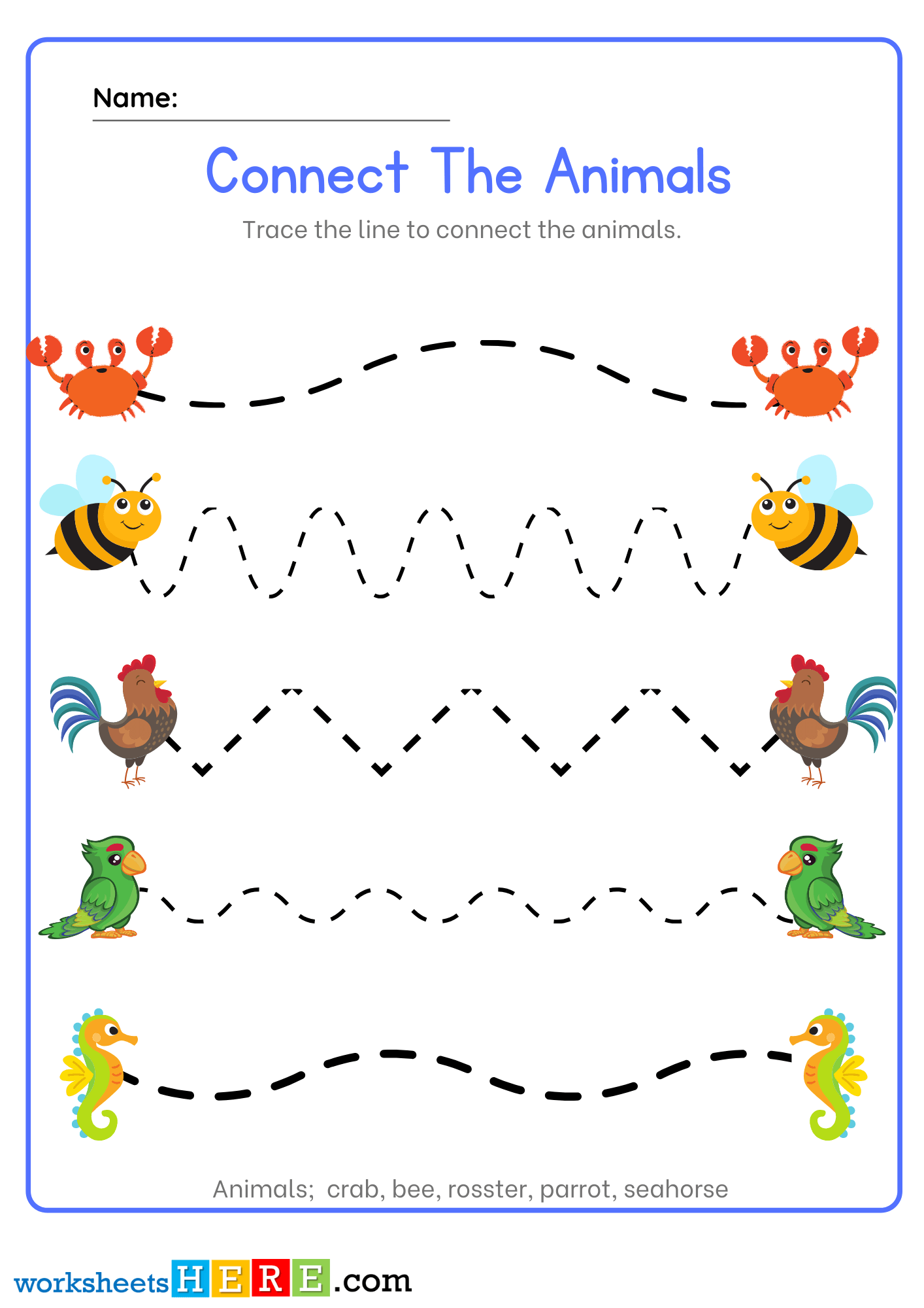 Connect The Animals, Tracing Lines Activity PDF Worksheets For Kindergarten