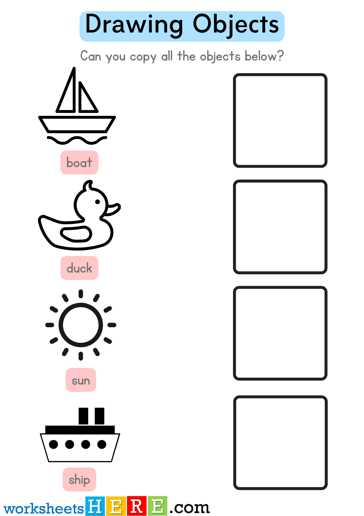 Copy All the Objects Below, Drawing Boat Duck Sun Ship Examples Worksheet For Kindergarten