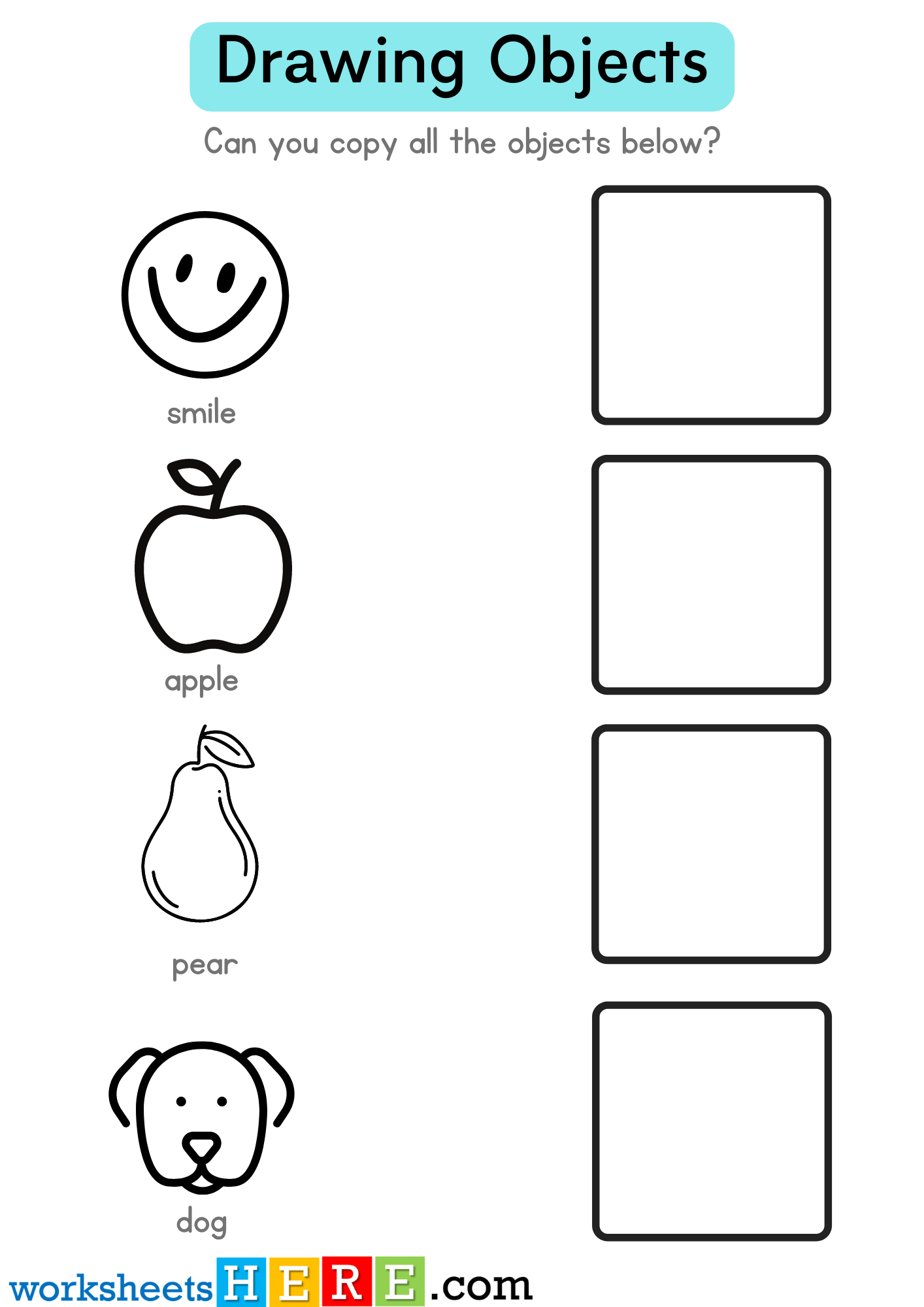 Copy All the Objects Below, Drawing Smile Apple Pear Dog Examples Worksheet For Kids