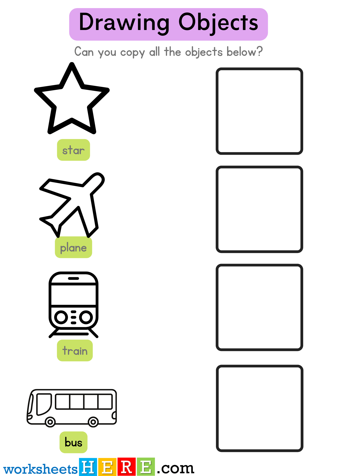 Copy All the Objects Below, Drawing Star Plane Train Bus Examples Worksheet For Kids