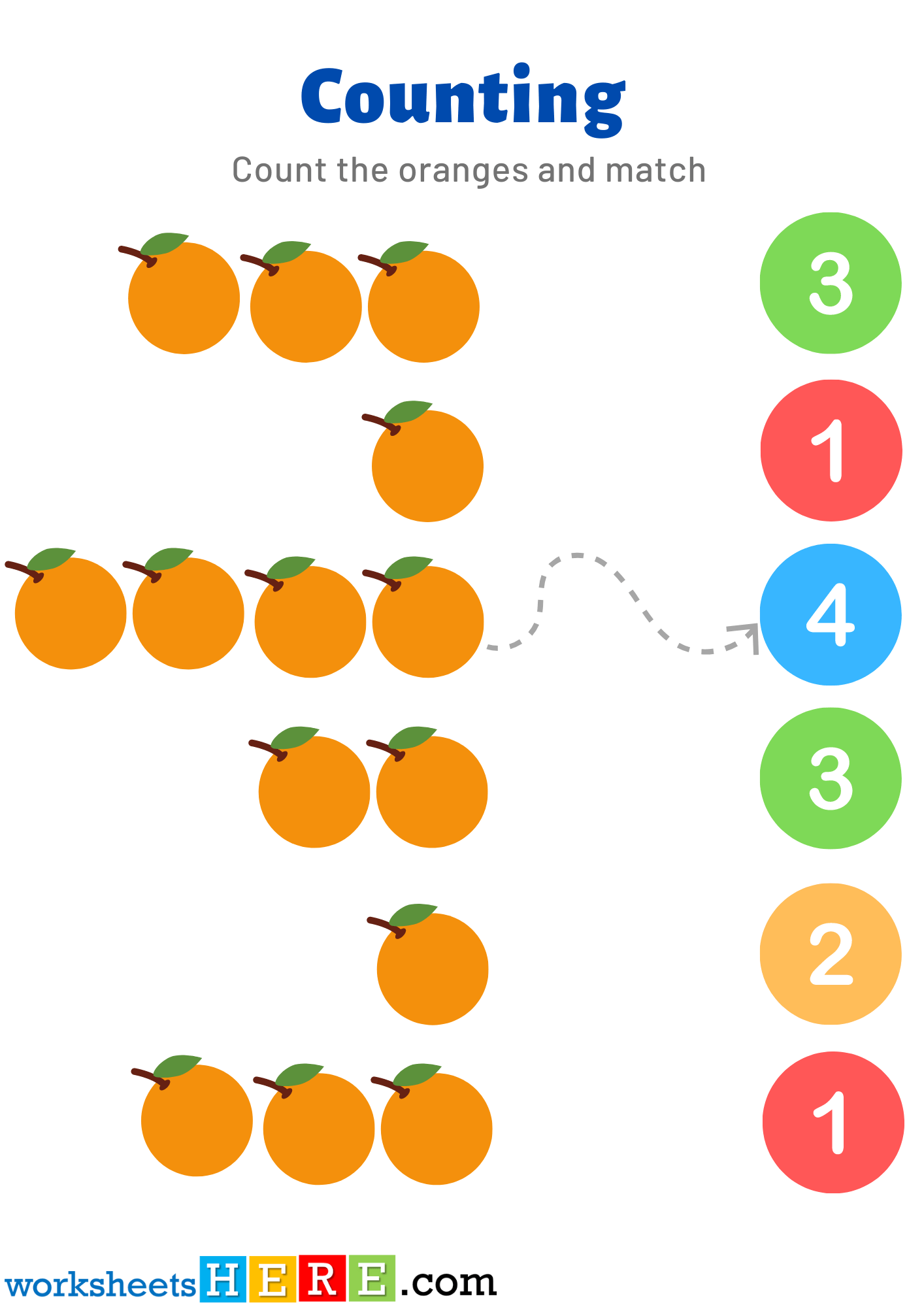 Count Oranges and Match, Counting Pdf Worksheets for Kindergarten